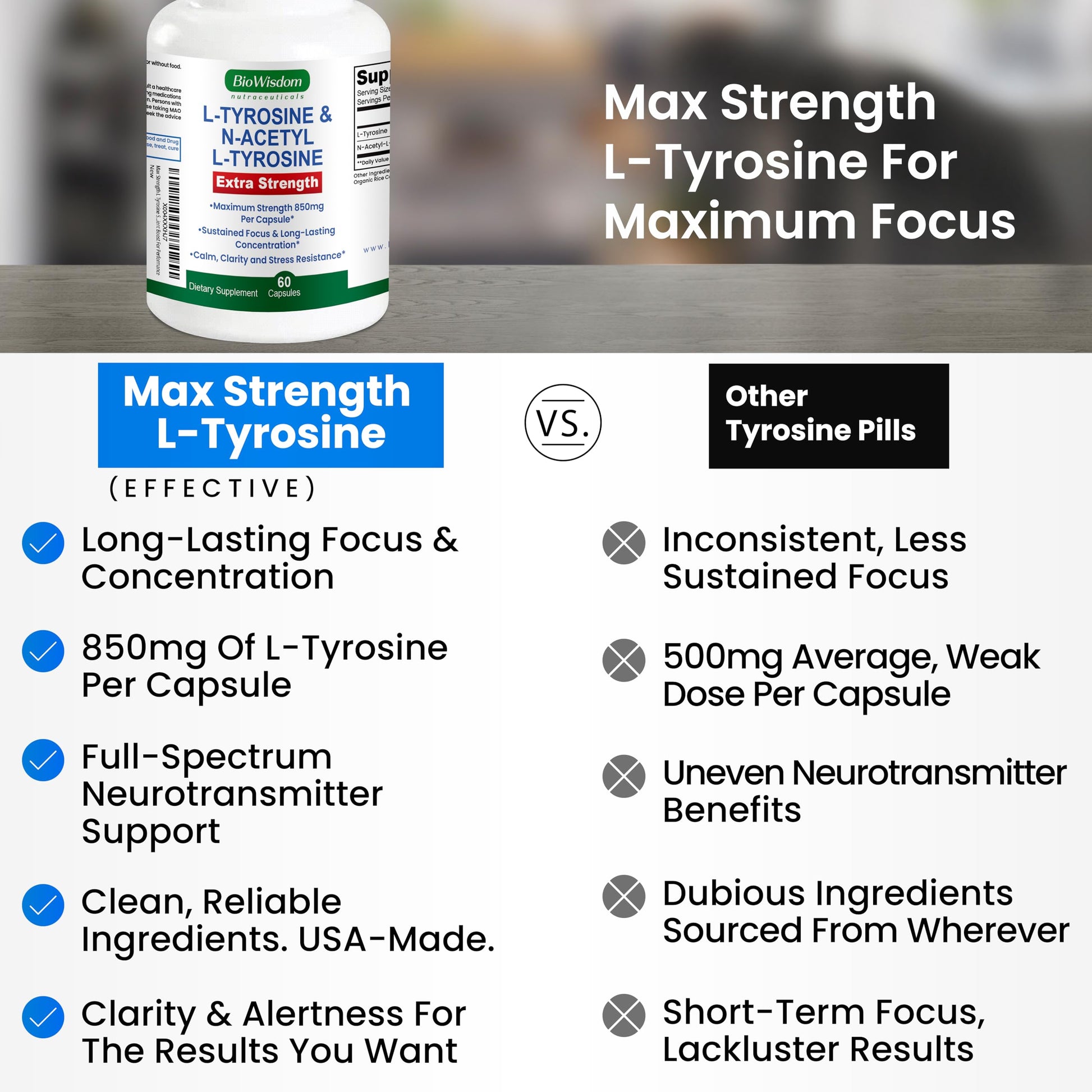 Max Strength L Tyrosine Supplement & N Acetyl L Tyrosine Peak Focus, Alertness, Concentration, Body & Mind Energy. L-Tyrosine 850mg Per 1 Capsule. A Well-Being Nutrient Boost For Performance BioWisdom Nutraceuticals Au supplements