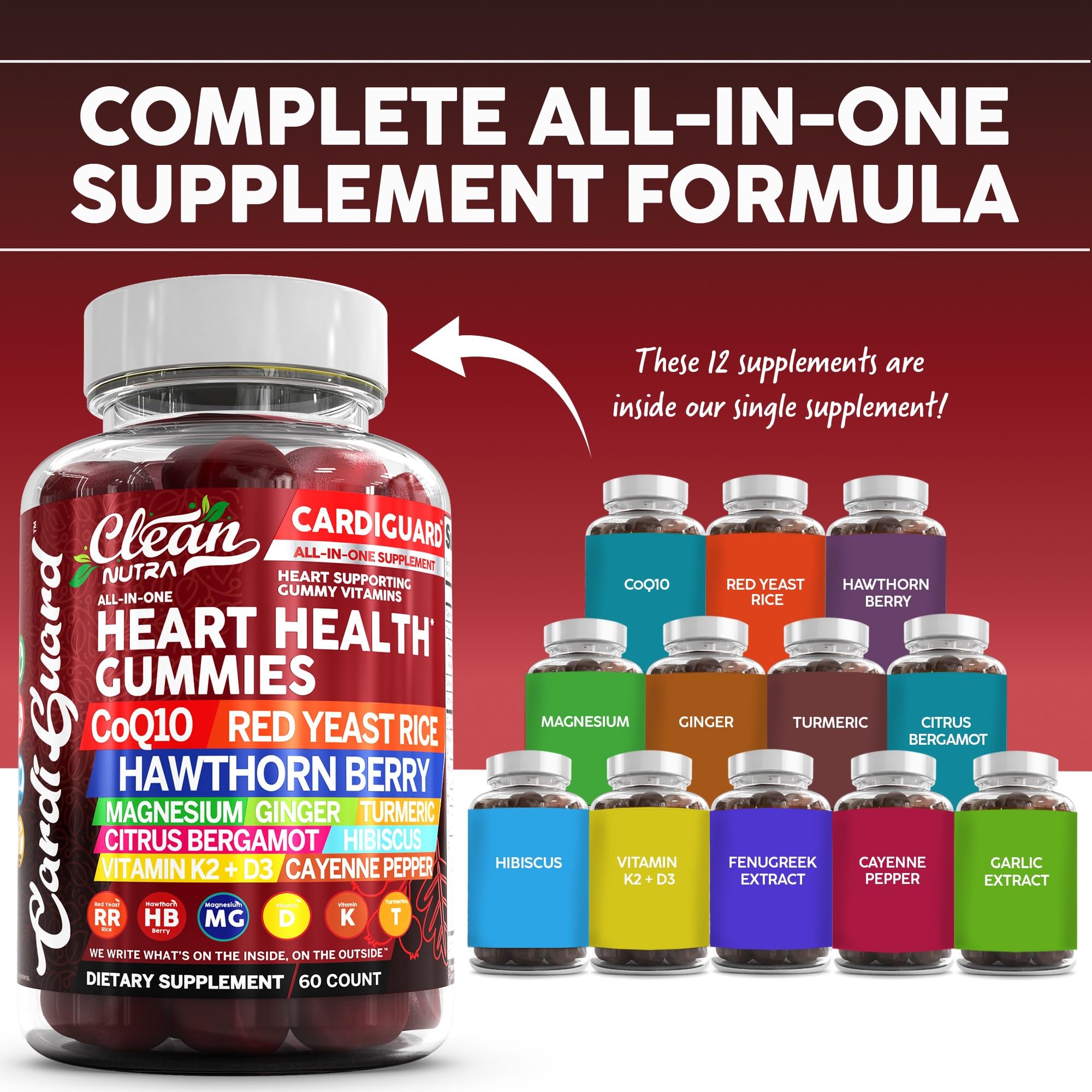 Clean Nutraceuticals Coq10 Gummies | Red Yeast Rice Hawthorn Berry Ginger Turmeric Citrus Bergamot Hibiscus Vitamin K2+D3 Magnesium Glycinate Cayenne Pepper Fenugreek Orange Flavor CardiGuard Clean Nutraceuticals Au supplements