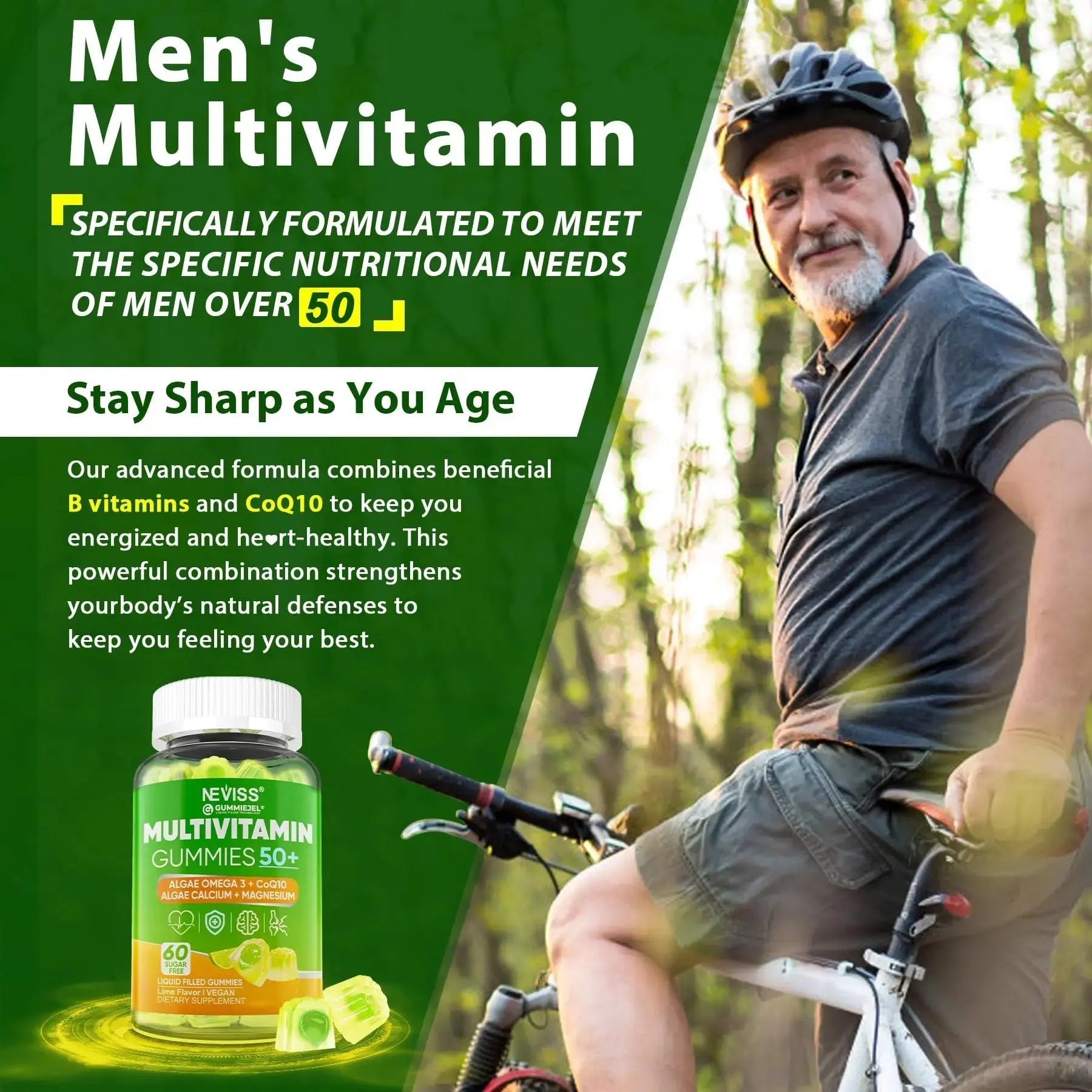 Multivitamin for Men 50 + Plus, Sugar Free Men Multivitamins Gummies w/Omega-3, Coq10, D3k2, Calcium, Magnesium NEVISS Au supplements