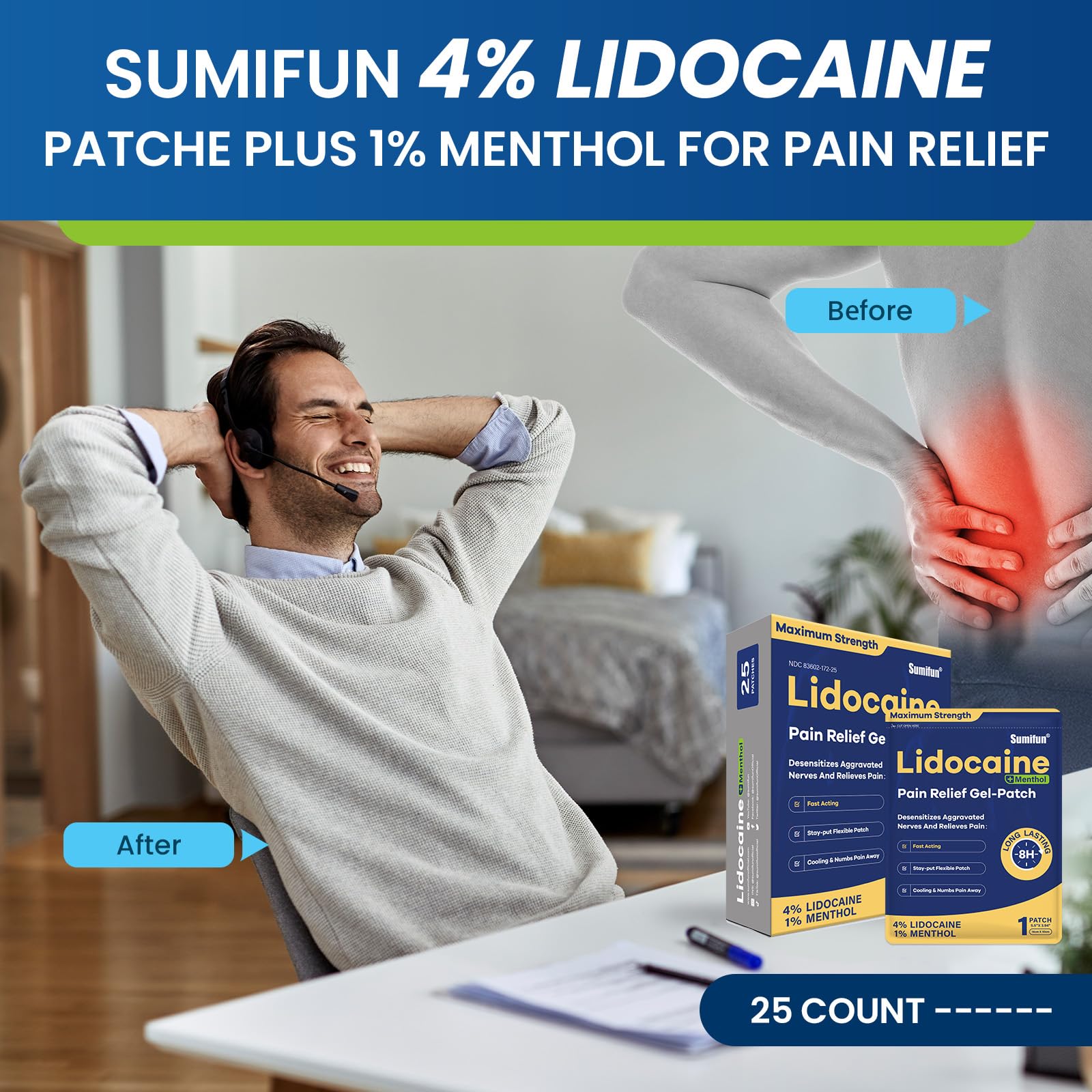 Sumifun Lidocaine Pain Relief Patches - Fast, Targeted Therapy Simple Backache, Soreness, Sprain, Joint Pain with Maximum Strength 4% Lidocaine and 1% Menthol (Large, Count, 25) Sumifun Au supplements