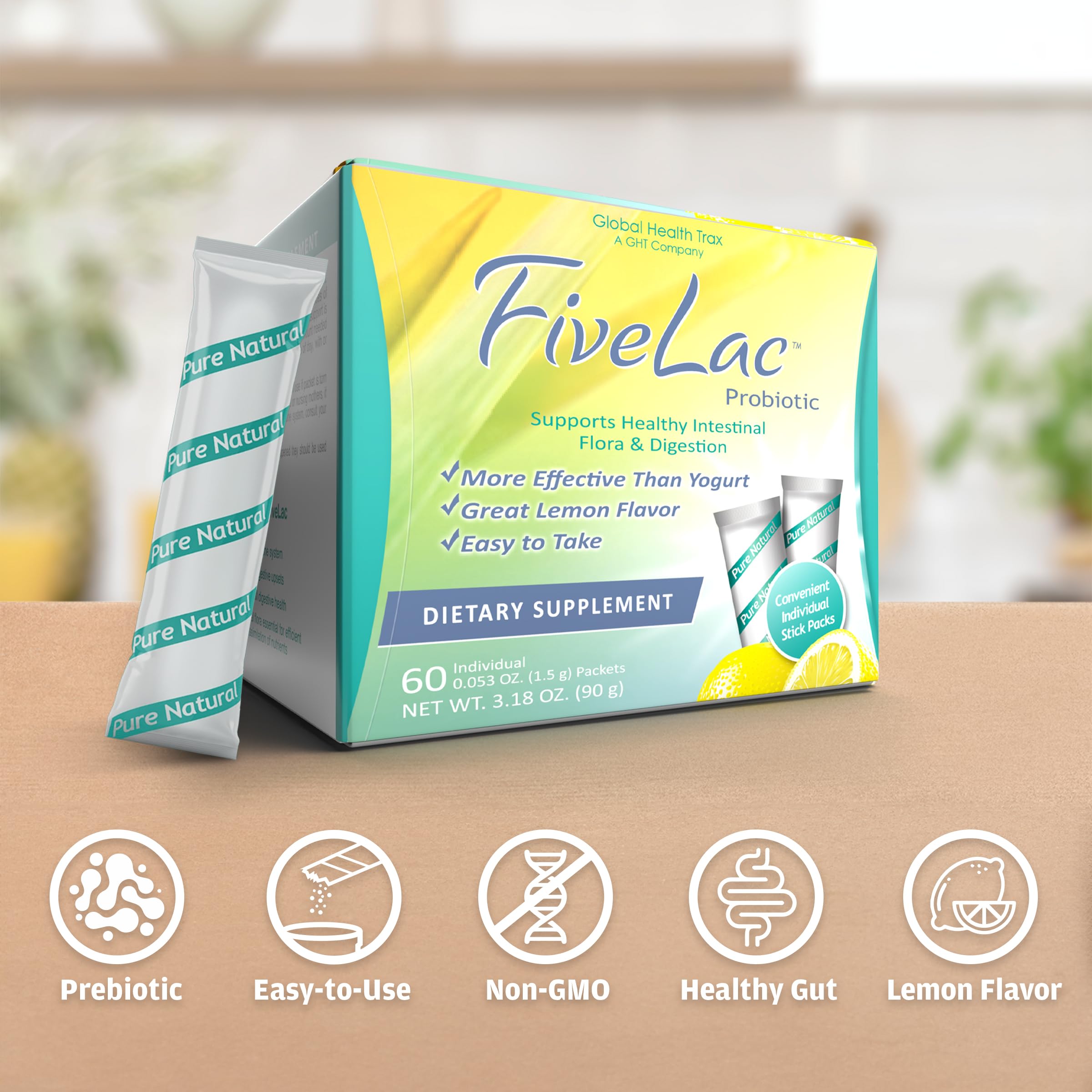 GHT - FiveLac Lemon Probiotic Powder Drink Mix, Probiotics for Women, Men, and Kids - Smooth Digestive Support and Elimination - Relieves Occasional Constipation and Gas - 60 Packets (3 Pack) Non-GMO ght Global Health Trax Au supplements
