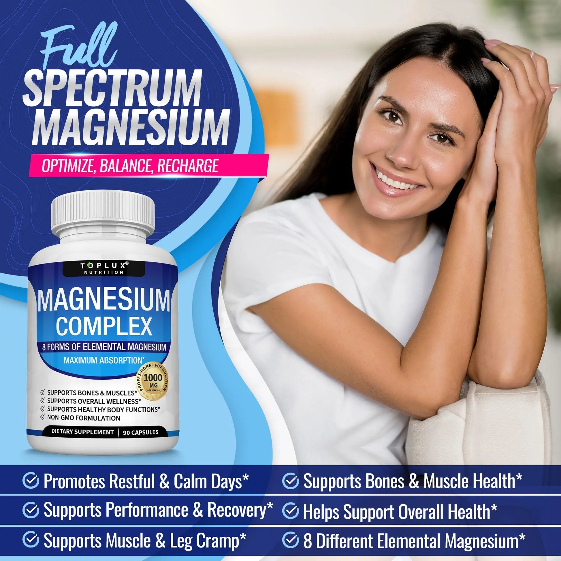 Magnesium Complex Supplement 8 Elemental 1000mg - Magnesium Glycinate, Citrate, Malate, Taurate, Chelated for Easy Absorption for Bones, Muscle, Recovery, Energy, Vegan Non-GMO 90 Capsules Toplux Au supplements