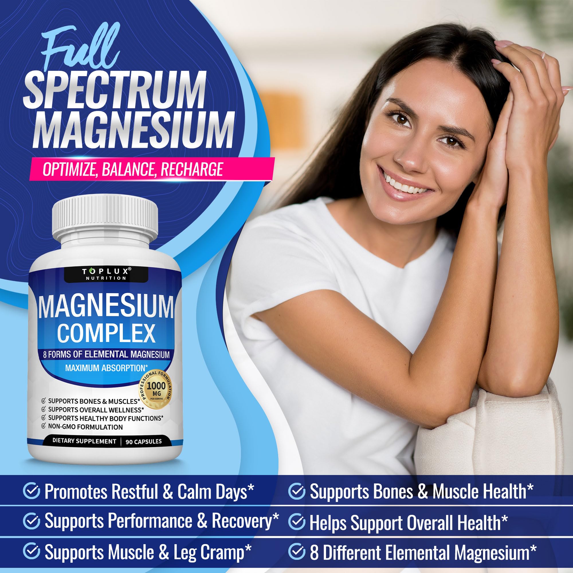 Magnesium Complex Supplement 8 Elemental 1000mg - Magnesium Glycinate, Citrate, Malate, Taurate, Chelated for Easy Absorption for Bones