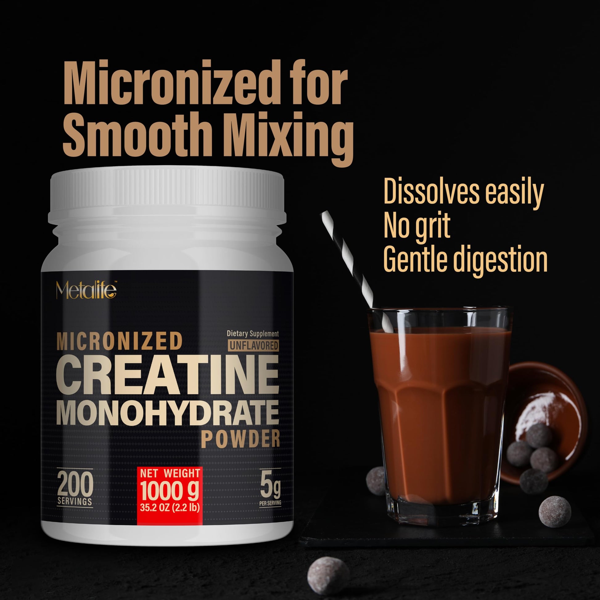 METALIFE 100% Pure Creatine Monohydrate Powder, Canada-Made, 1000 g (200 Servings) Micronized Powder, Muscle Growth, Unflavored, Ideal for Athletes & Fitness Enthusiasts, Third party lab tested, Vegan METALIFE Au supplements