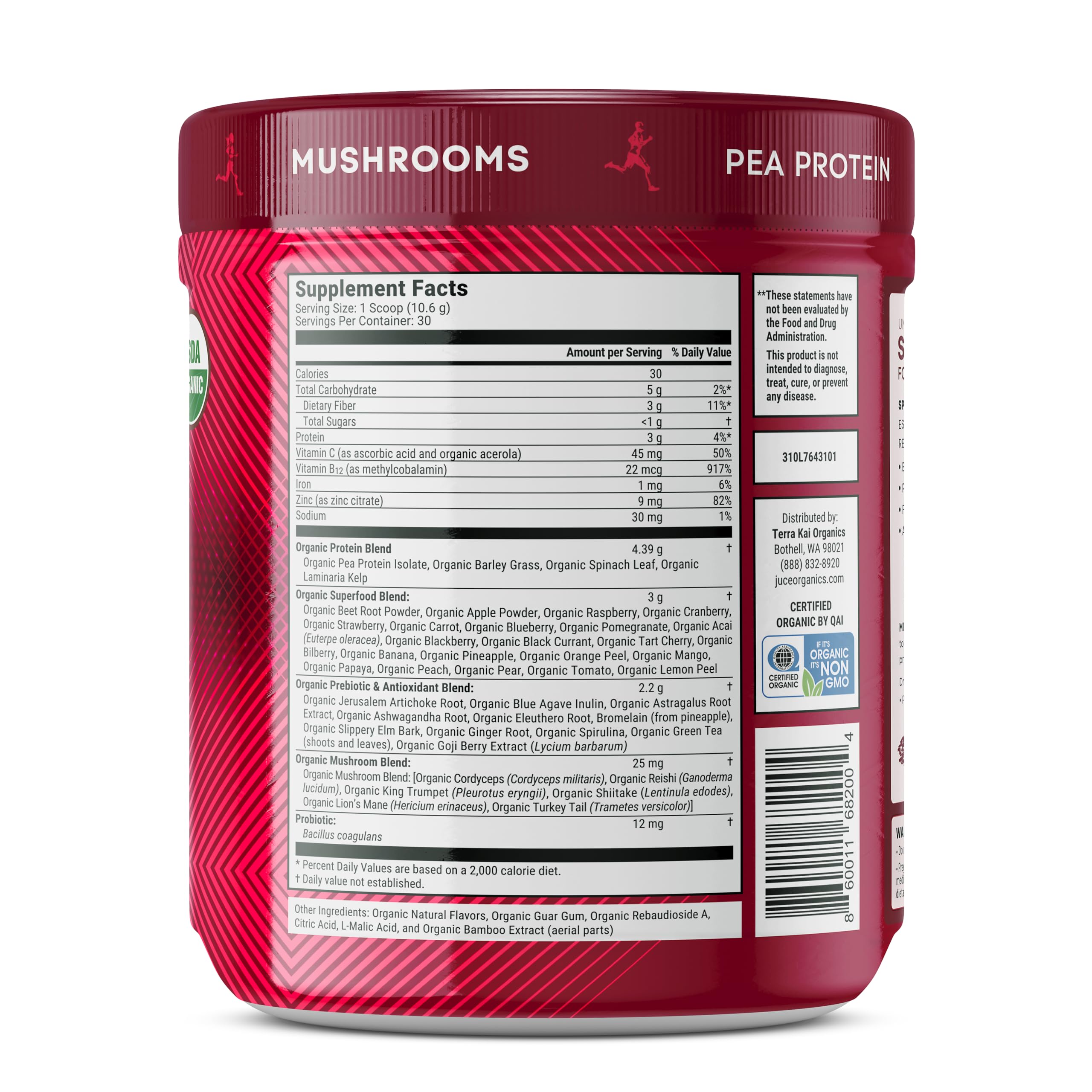 Terra Kai Organics Juce SR7 Sport Reds Organic Fruit & Veggies w/Pea Protein | 43 Superfoods, Antioxidants, Mushrooms, Beets, Herbal Adaptogens, Probiotic, Fiber, Garden Berry Flavor (30 Servings) Terra Kai Organics Au supplements