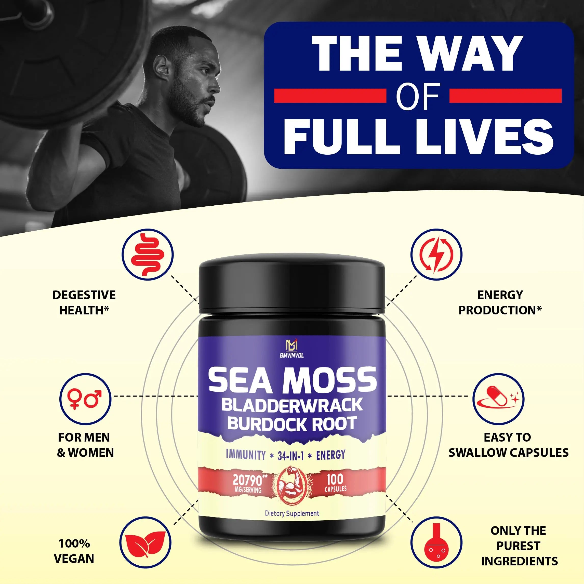BMVINVOL 100 Capsules - Sea Moss Capsules 20790mg with Bladderwrack, Burdock BMVINVOL Au supplements