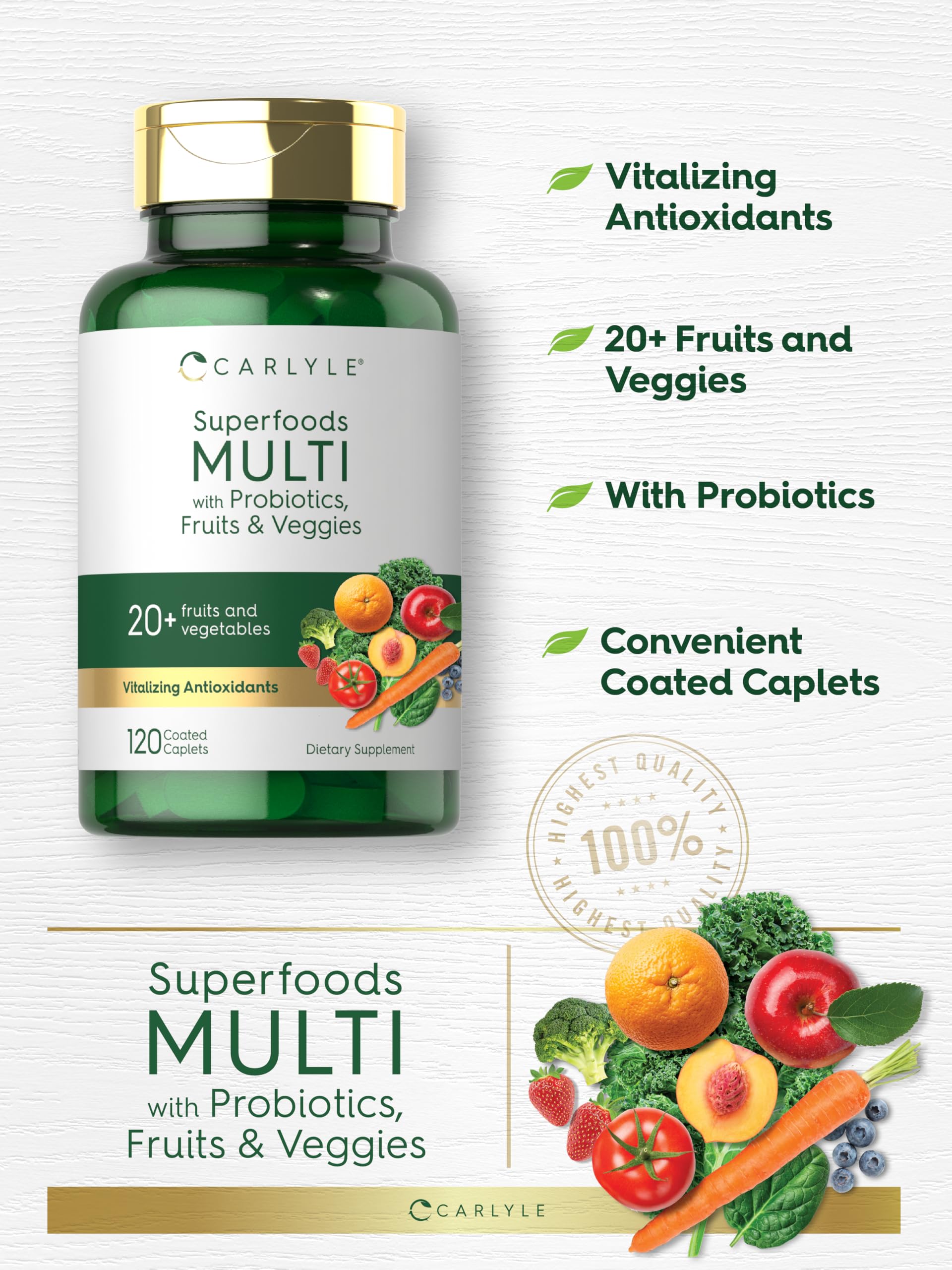 Carlyle Fruits and Veggies Supplement | 120 Count | Superfood Multivitamin with Probiotics | Made with 20 Fruits and Vegetables | Non-GMO & Gluten Free Carlyle Au supplements