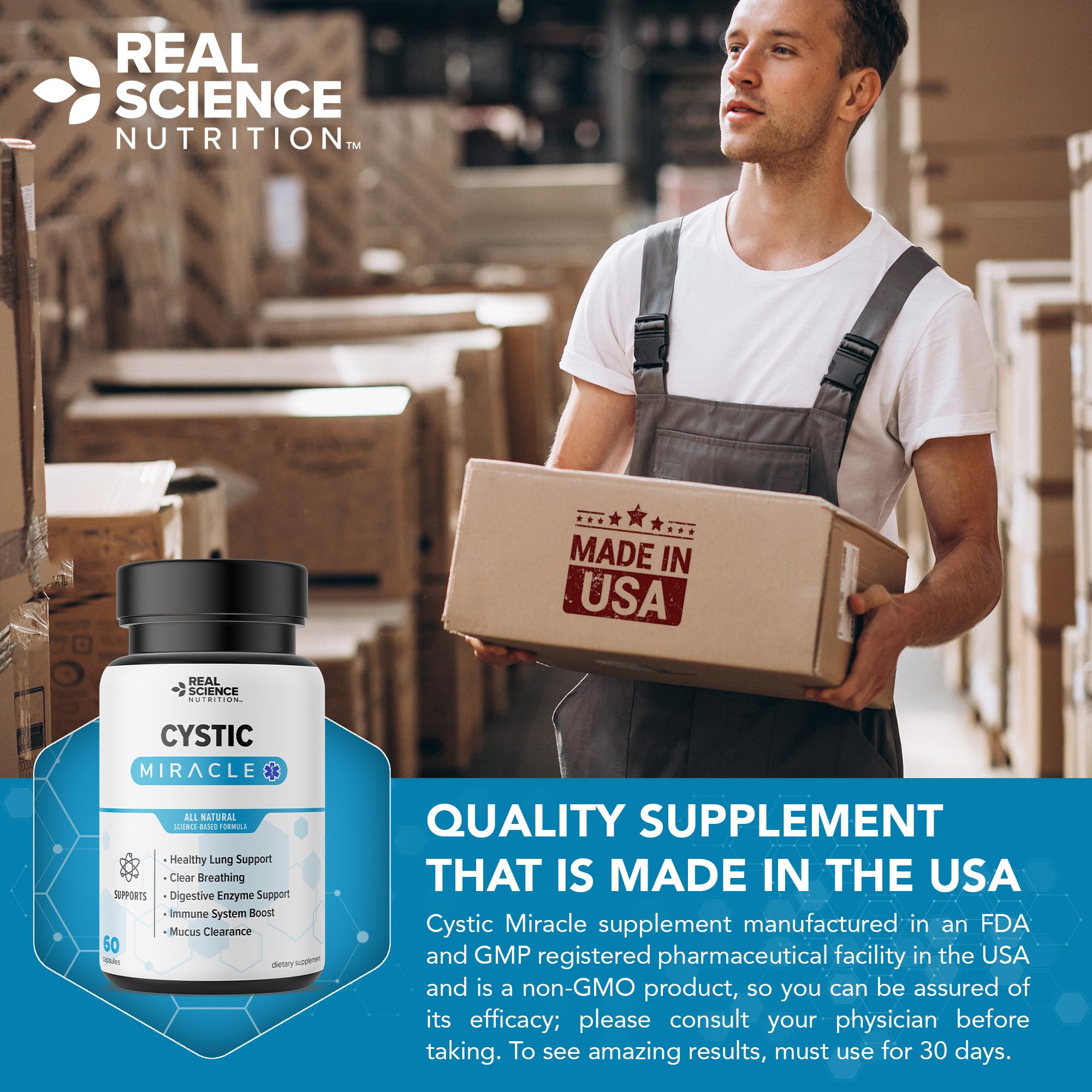 Real Science Cystic Miracle - Lung Support Supplement for Breathing Support and Mucus Clearance – with Vinitrox & GABA to Help Clear Lungs and Aid Respiratory Health, Made in USA, 60 Caps Real Science Nutrition Au supplements