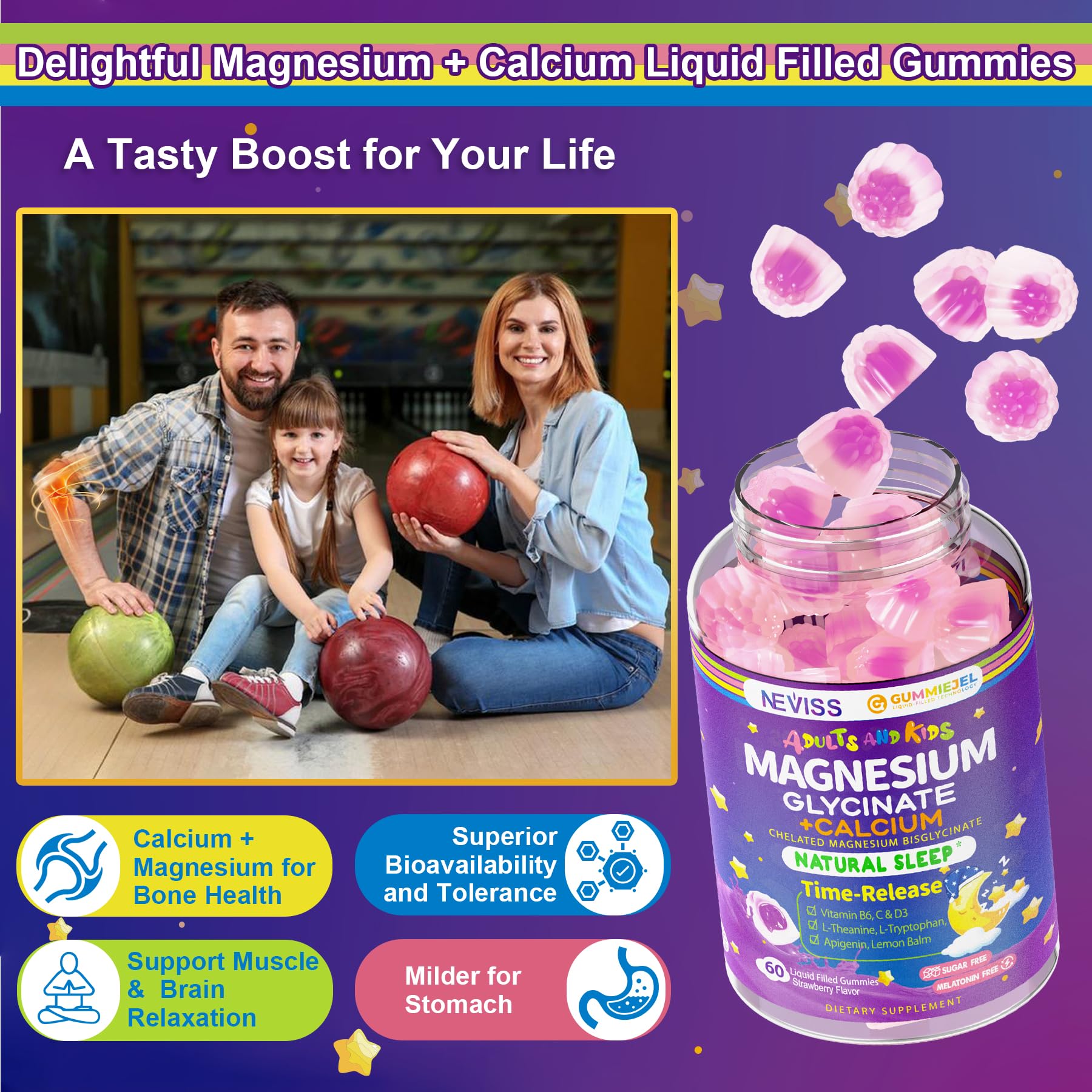 Neviss Magnesium Glycinate + Calcium Filled Gummies for Adults and Kids 4+, Kids Sleep Gummies Melatonin Free, No Sugar Magnesium Supplement w/B6 D3, L-Theanine for Zzz Relax, Brain,Bone,Muscle 2Pack NEVISS Au supplements