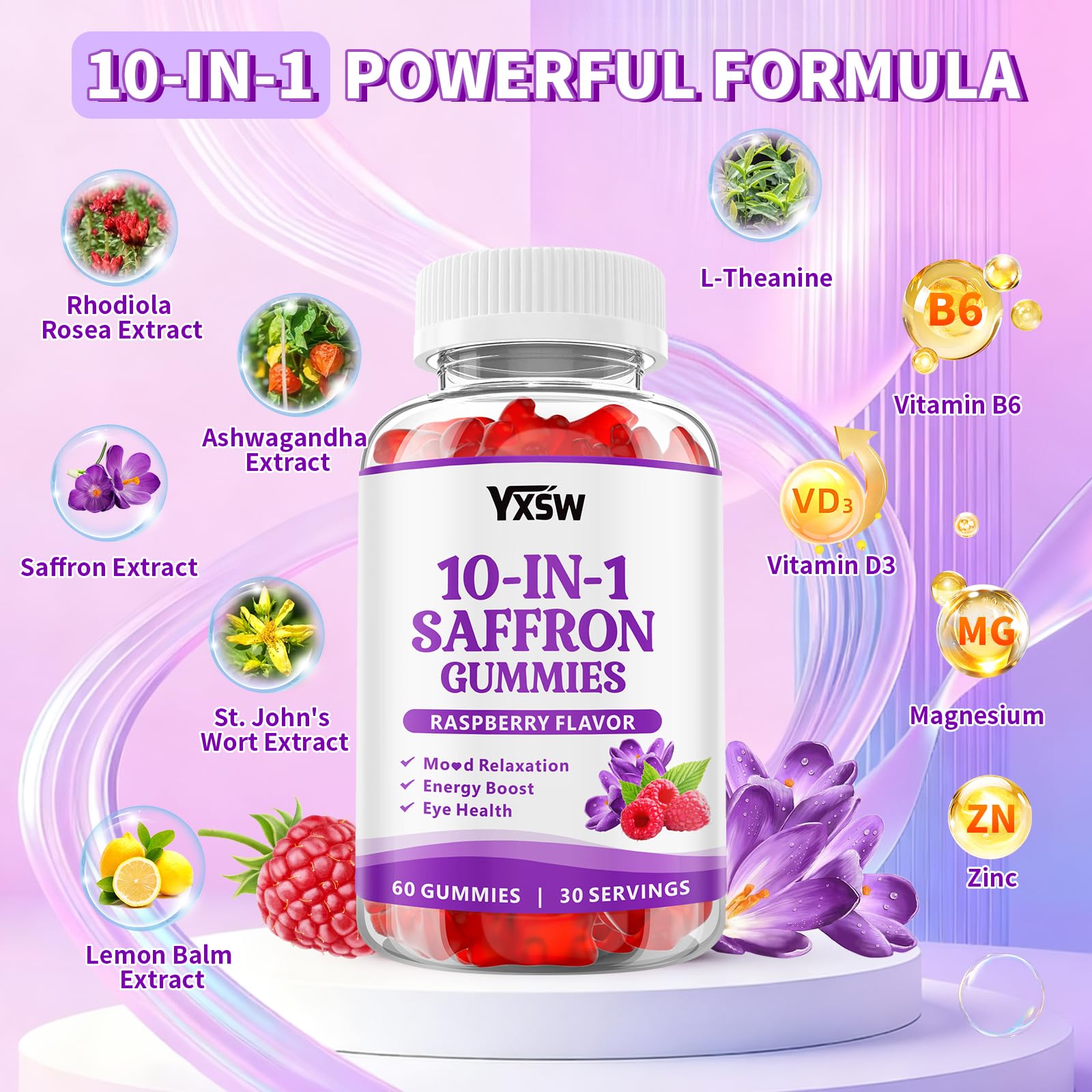 YXSW Saffron Gummies, Saffron Supplements for Kids & Adults with Ashwagandha, L-Theanine, Lemon Balm, Vitamin D3, B6, Magnesium & Zinc - Support Focus, Relaxation, Raspberry Flavor, 120 Count YXSW Au supplements