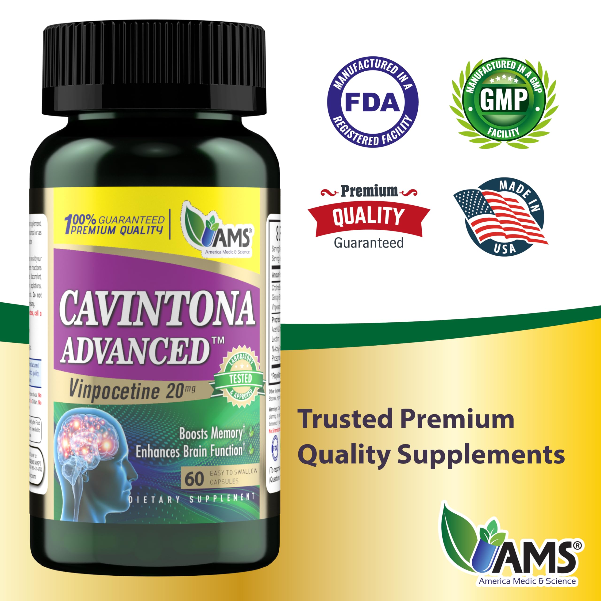 America Medic & Science Cavintona Advanced Supplement – Vinpocetine 20mg for Memory, Recall & Brain Health – Supports Cognitive Function, Focus, Mental Clarity & Blood Flow – 60 Capsules America Medic & Science Au supplements