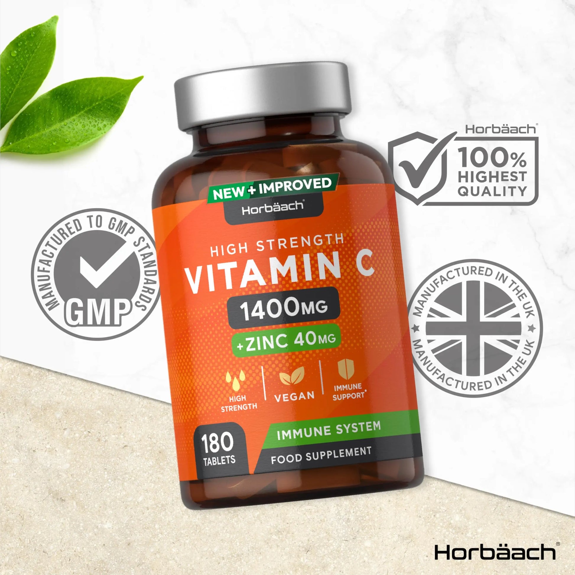 Vitamin C and Zinc | 180 Vegan Tablets | High Strength Vitamin C 1400mg and Zinc 40mg Horbäach Au supplements