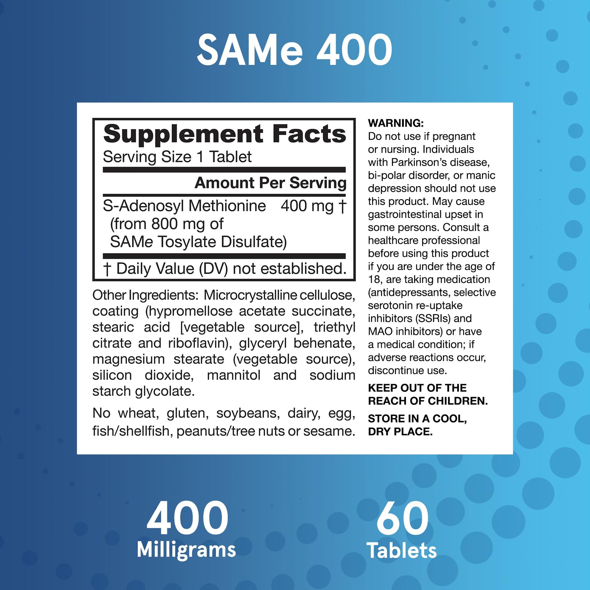 Jarrow Formulas SAMe Supplement 400 mg - 60 Tablets - High Concentration of Active S,S Form - Supports Joint Health, Liver Function, Brain Metabolism, Balanced Mood & Antioxidant Defense - 60 Servings Jarrow Formulas Au supplements