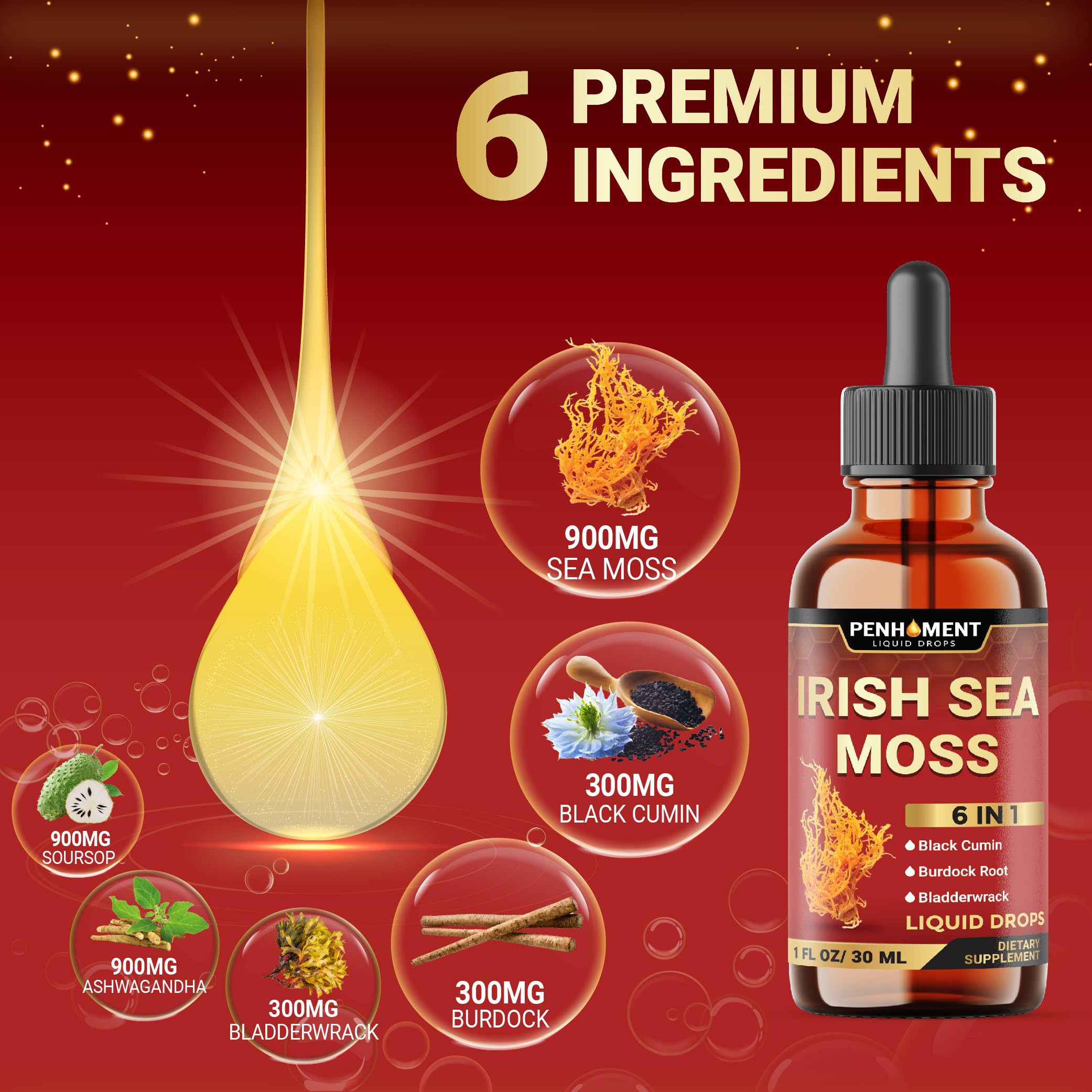 Penhoment 6in1 Sea Moss Drops with Black Seed Oil Irish Seamoss, Ashwagandha, Burdock Root & Bladderwrack - 1FL Oz - 30 Day Supply Penhoment Au supplements