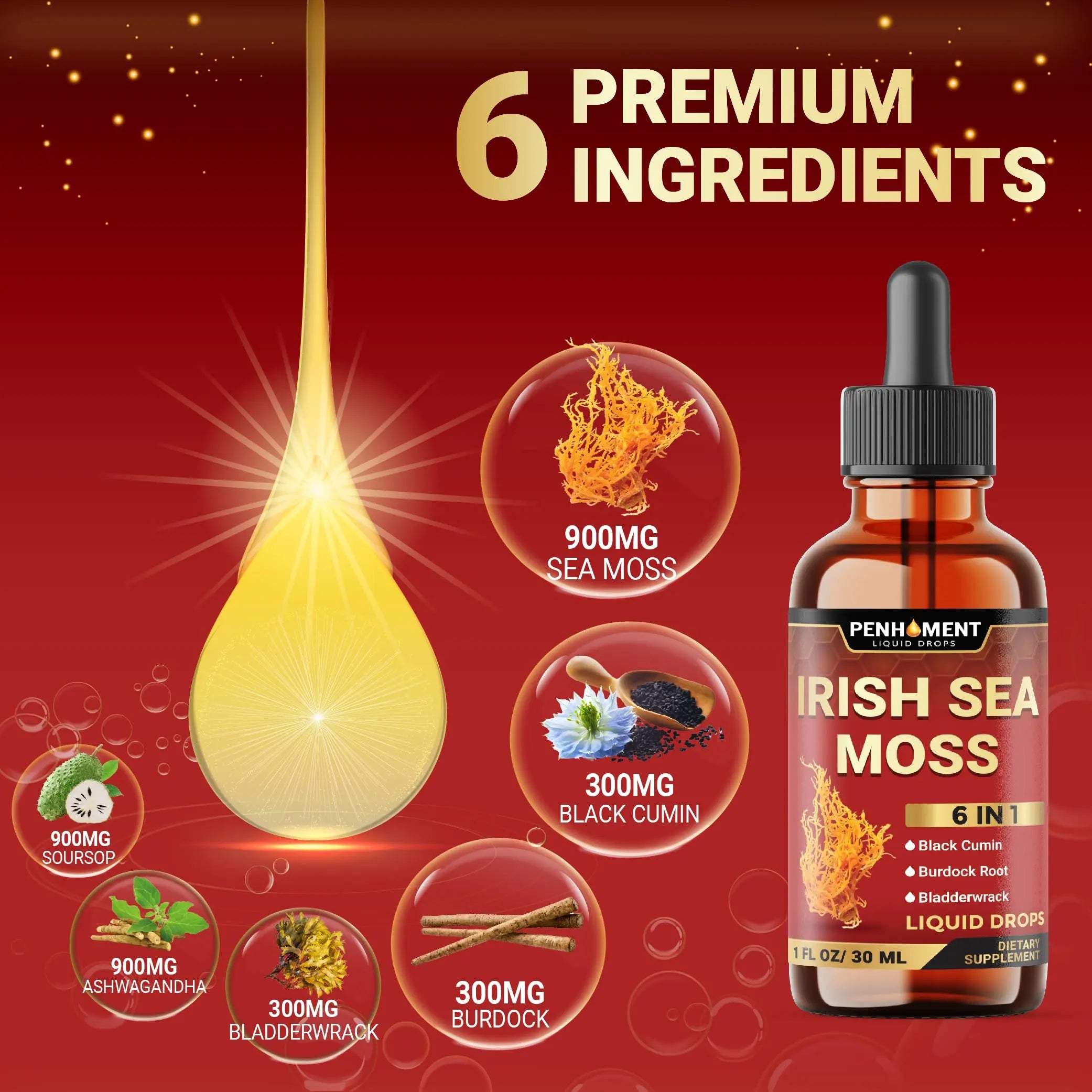 Penhoment 6in1 Sea Moss Drops with Black Seed Oil Irish Seamoss, Ashwagandha, Burdock Root & Bladderwrack - 1FL Oz - 30 Day Supply Penhoment Au supplements