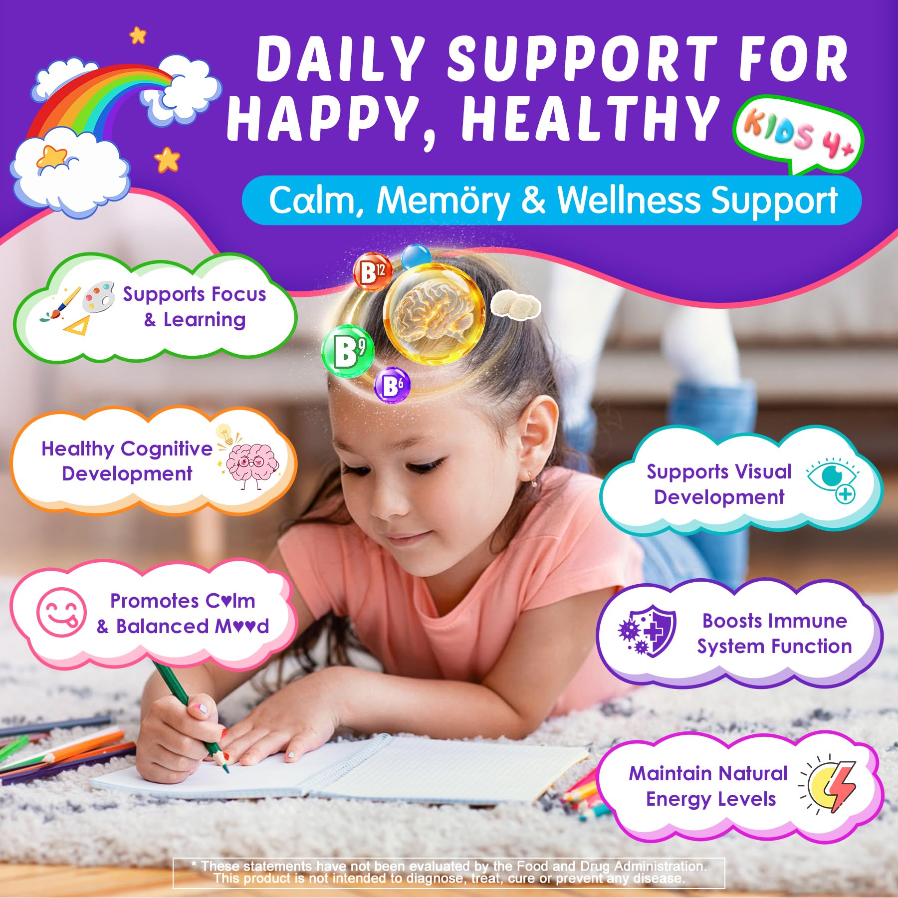 Kids Brain Gummies with Lion's Mane Mushroom, Methyl B6, B9, B12, Supper Greens, Lutein, Brain Booster Supplement for Focus & Attention, Cognitive Function, Vision & Energy, Sugar Free, Vegan 2 Pack Nextdia Au supplements