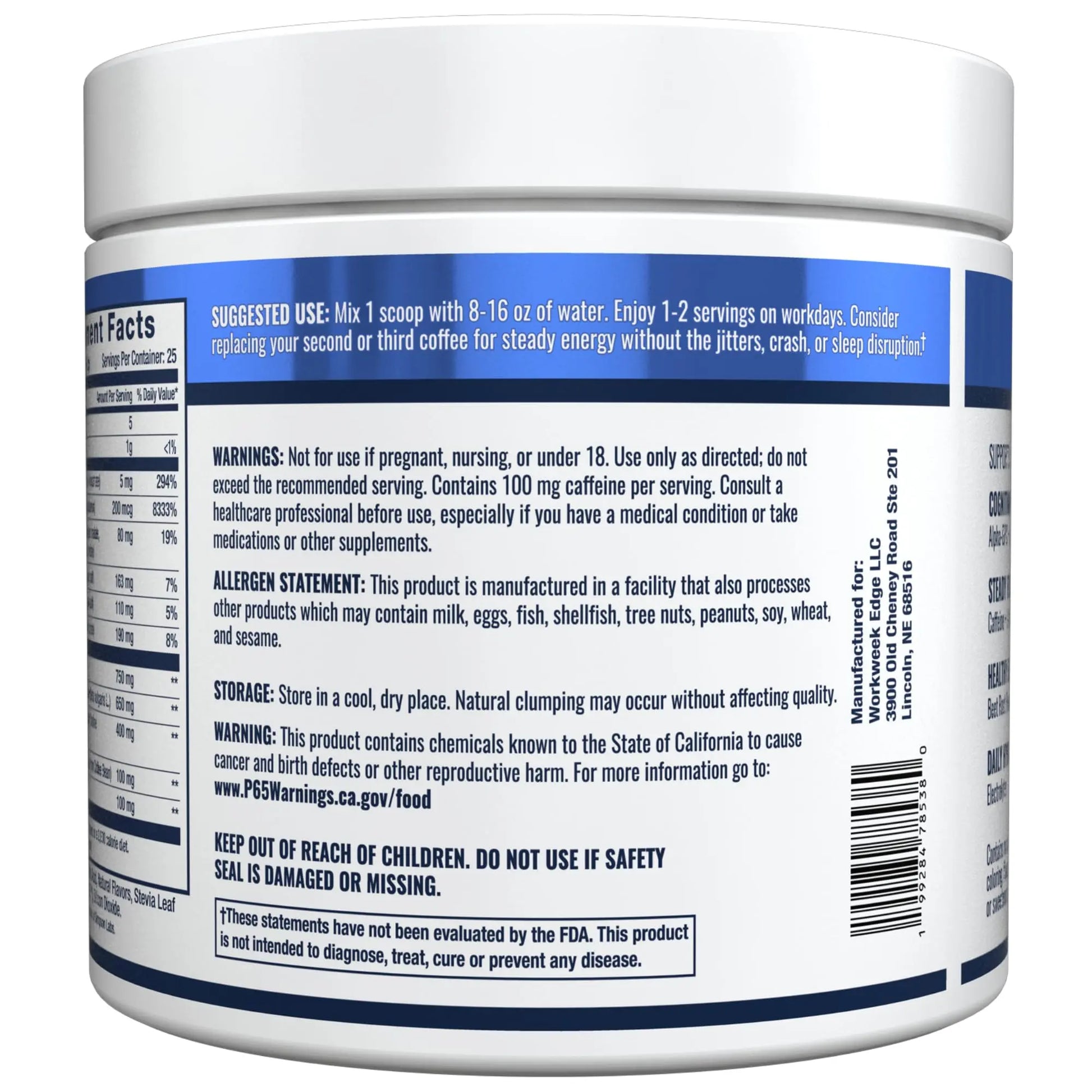 Workweek Edge Focus & Energy Drink Mix Powder – Zero Sugar, 100mg Caffeine + L-Theanine + L-Tyrosine Calm Nootropic Supplement for Steady Focus & Clean Energy – (25 Servings) Workweek Edge Au supplements