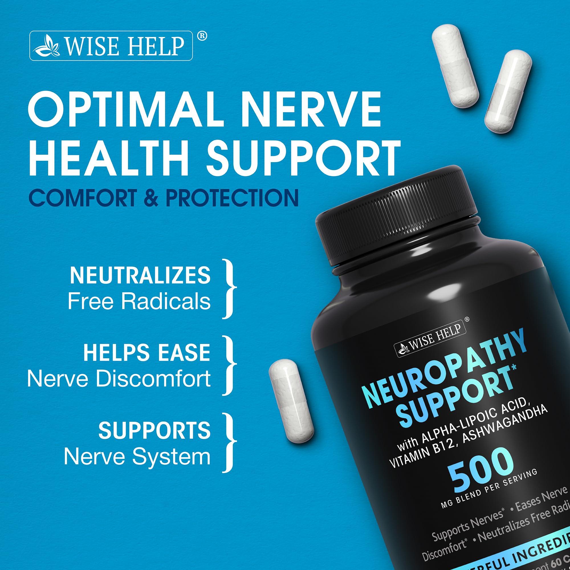 Neuropathy Support Natural Nerve Discomfort Relief - Made in USA - Nerve Antioxidant for Trigeminal Neuralgia, Diabetic & Peripheral Neuropathy - Hands, Neck, Feet & Toes Treatment Formula - 60 Caps WISEHELP Au supplements