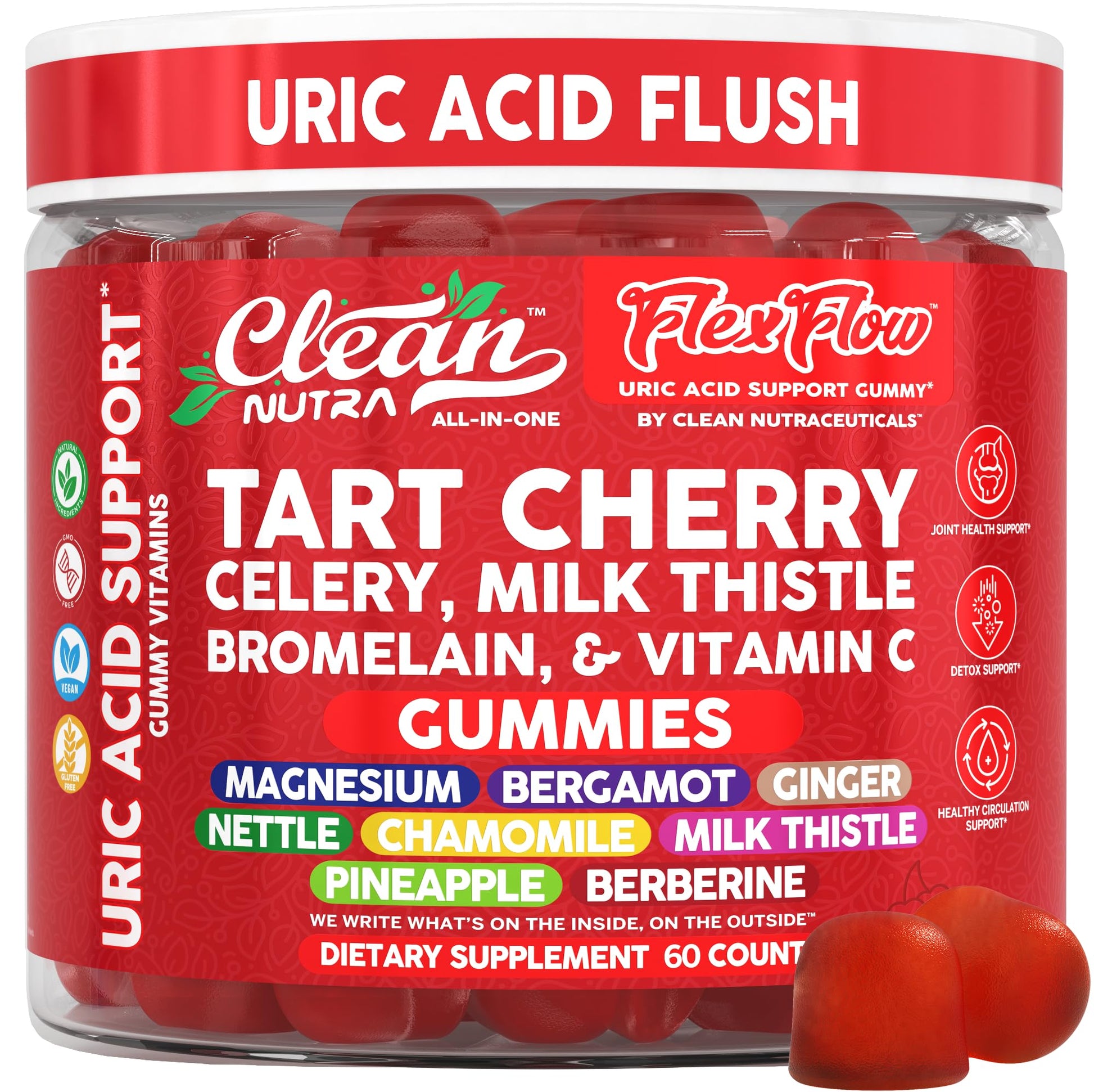 Clean Nutra Tart Cherry Gummies Uric Acid Flush Celery Milk Thistle Bromelain Vitamin C Magnesium Citrus Bergamot Ginger Stinging Nettle Leaf Chamomile Berberine Quercetin Support 60 Gummy Vitamins Clean Nutraceuticals Au supplements