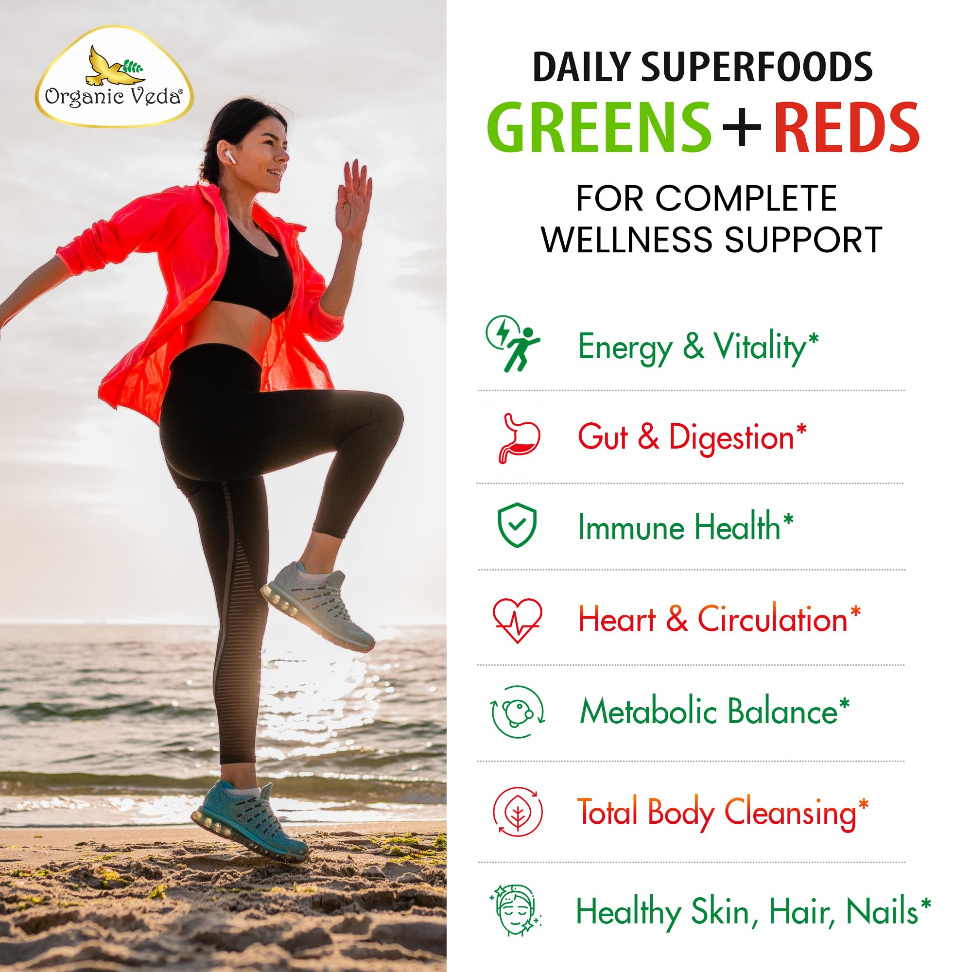 Organic Veda Super Greens & Reds Capsules - Organic Superfoods, Daily Greens, Red Juice, Fruits & Vegetables Supplement - Papaya Enzymes, Digestive Herbs, Bromelain, Antioxidants - 120 Veggie Capsules Organic Veda Au supplements