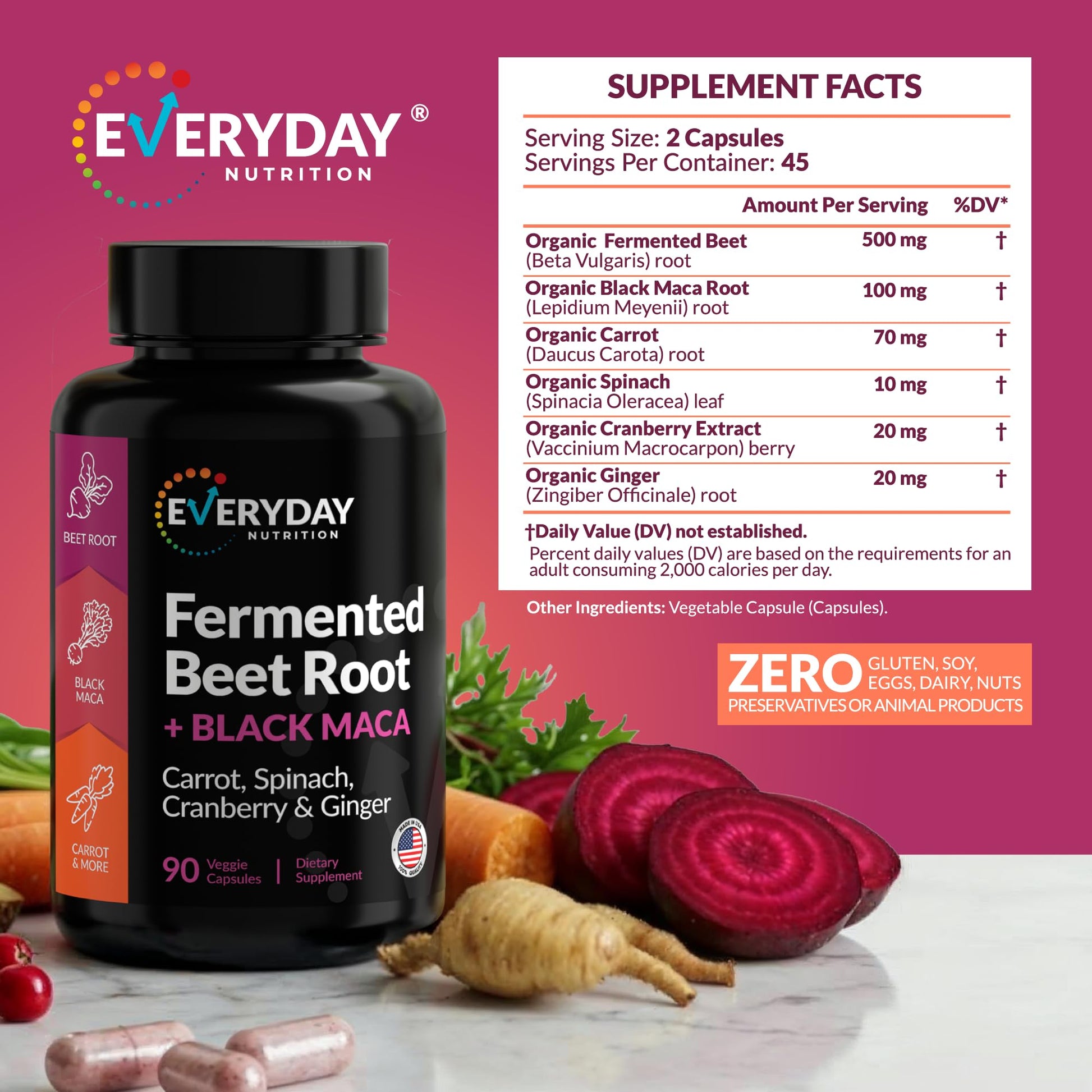 EVERYDAY NUTRITION Organic Fermented Beet Root & Black Maca Capsules with Carrot, Spinach, Cranberry & Ginger | Superfood for Energy, Stamina & Wellness | 90 Veggie Capsules | Made in USA EVERYDAY NUTRITION Au supplements