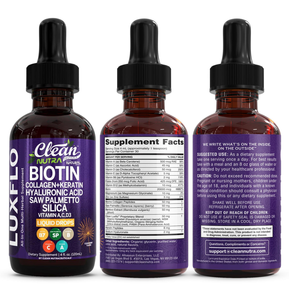 Liquid Biotin & Collagen Keratin Hyaluronic Acid Saw Palmetto Drops Vitamins for Hair Growth Support Silica Vitamin A C D Bamboo Turmeric Zinc Folate Magnesium Horsetail LuxFlo By Clean Nutra Clean Nutraceuticals Au supplements