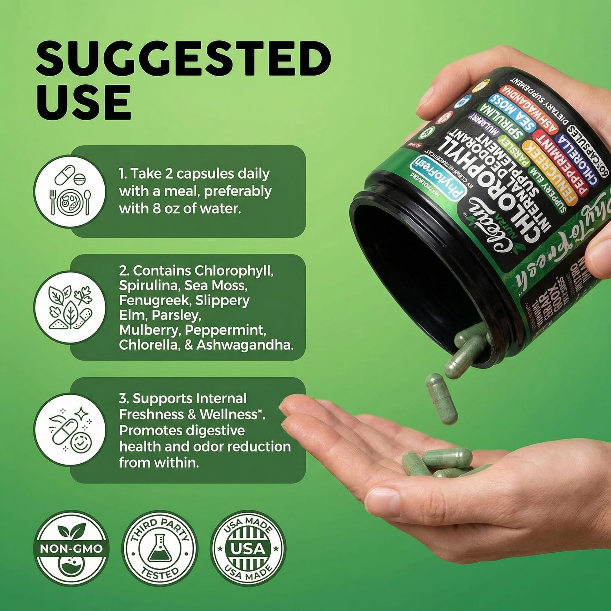 Clean Nutra Chlorophyll Capsules Supplement Internal Deodorant Peppermint, Sea Moss, Parsley, Chlorella, Spirulina, Slippery Elm, Ashwagandha, PhytoFresh Greens Detox Pills Clean Nutraceuticals Au supplements