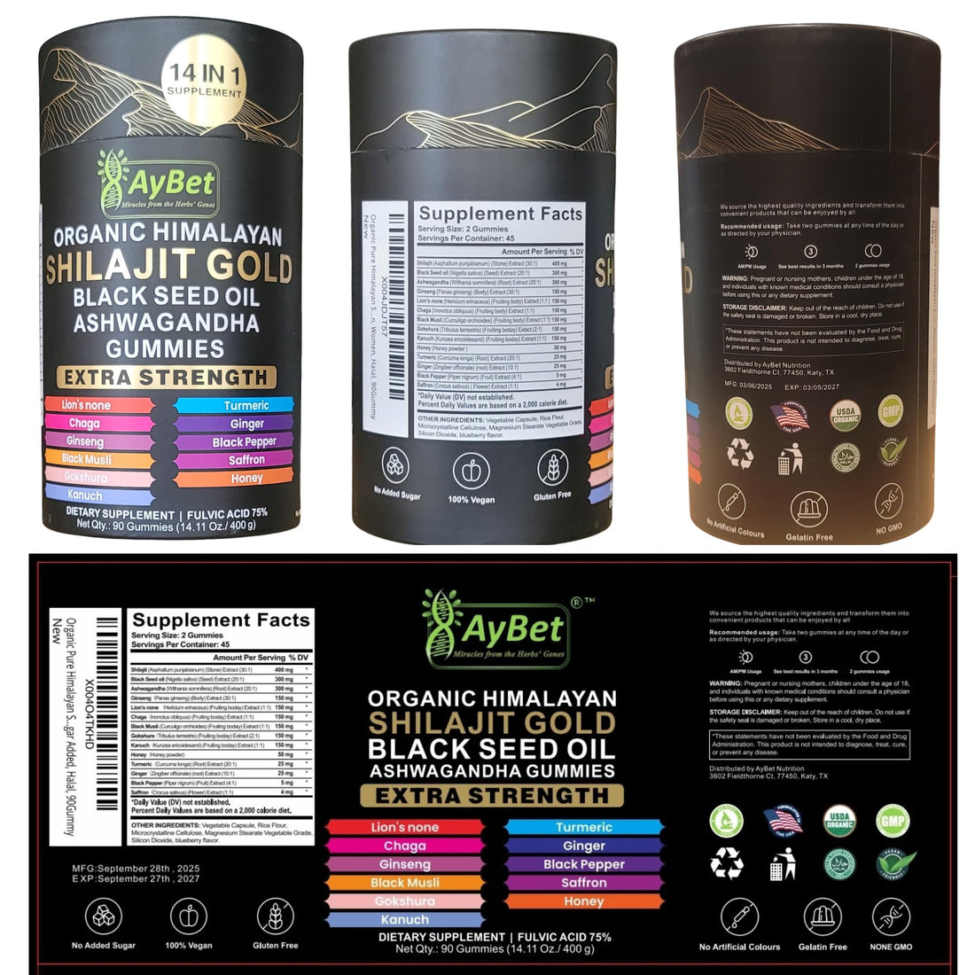 AyBet Organic Himalayan Shilajit Gold Gummies for Men and Women, Black Seed Oil, Ashwagandha, Ginseng, Turmeric, Gokshura, Lion's None, Lab Tested,%75 Fulvic Acid, No Sugar Added, Halal, 90Gummy AyBet Au supplements