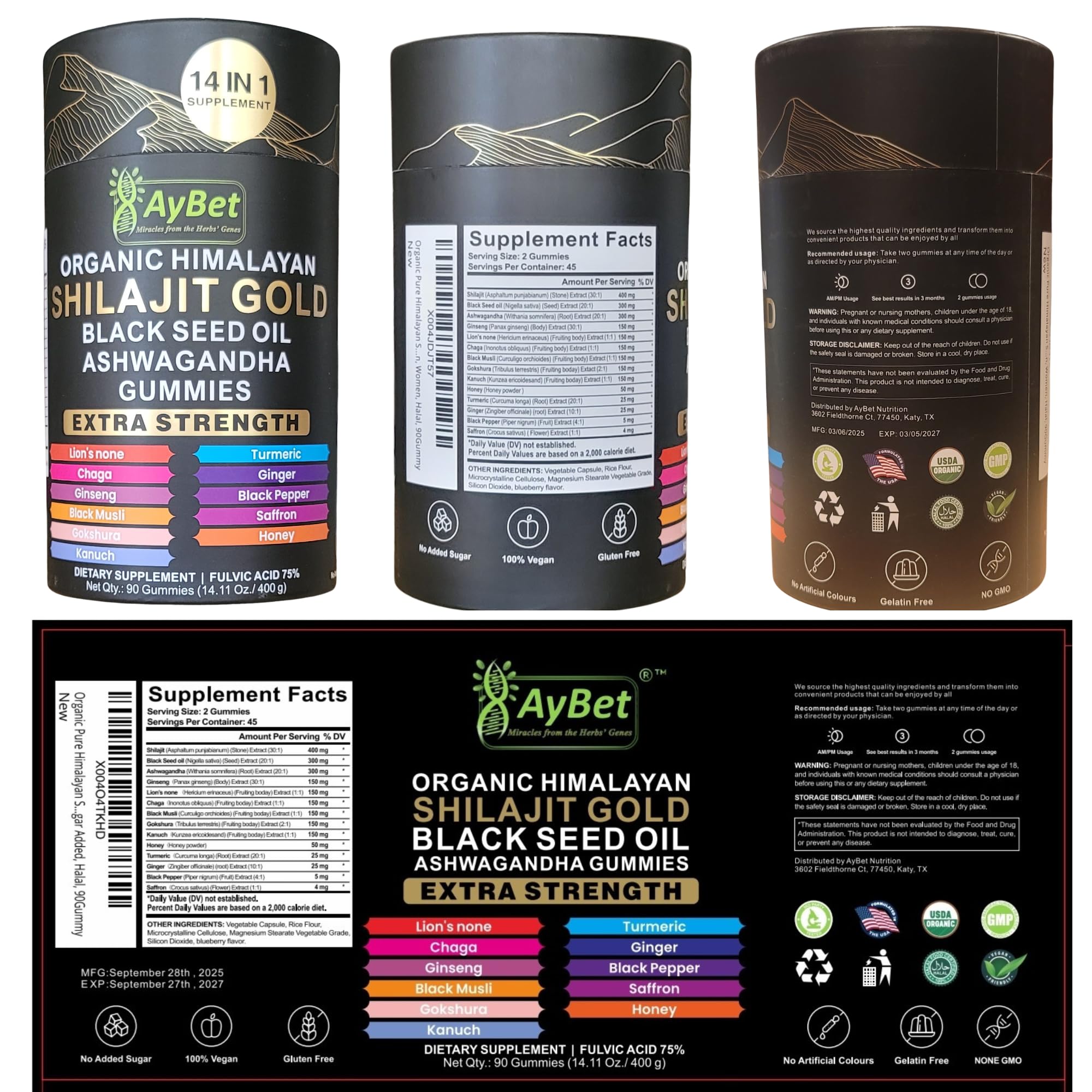 AyBet Organic Himalayan Shilajit Gold Gummies for Men and Women, Black Seed Oil, Ashwagandha, Ginseng, Turmeric, Gokshura, Lion's None, Lab Tested,%75 Fulvic Acid, No Sugar Added, Halal, 90Gummy AyBet Au supplements