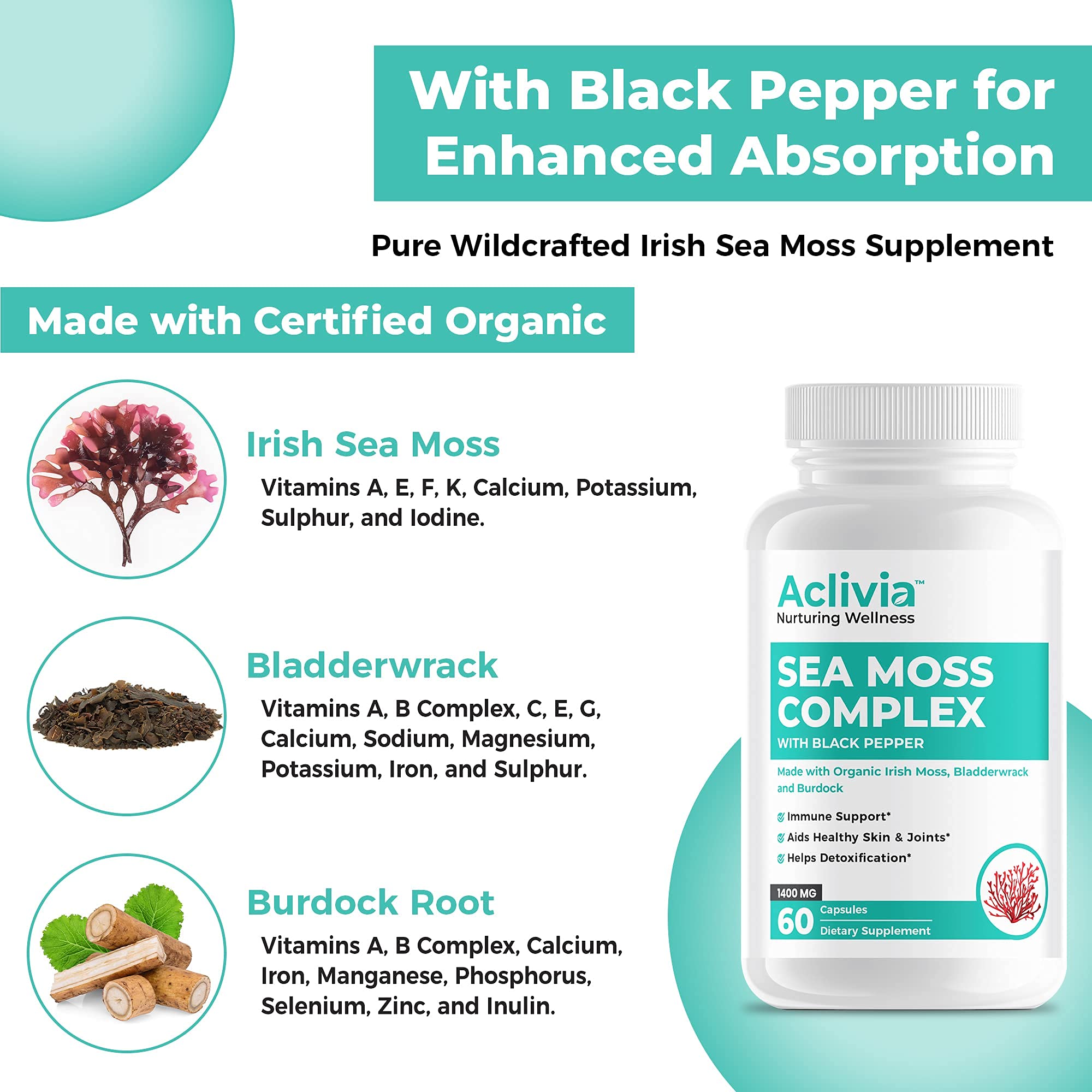 Aclivia - Organic Irish Sea Moss Capsules with Bladderwrack & Burdock Root - 102 Minerals Sea Moss Supplement - Thyroid Support, Immune Boost - Non-GMO (60 Count) Aclivia Au supplements