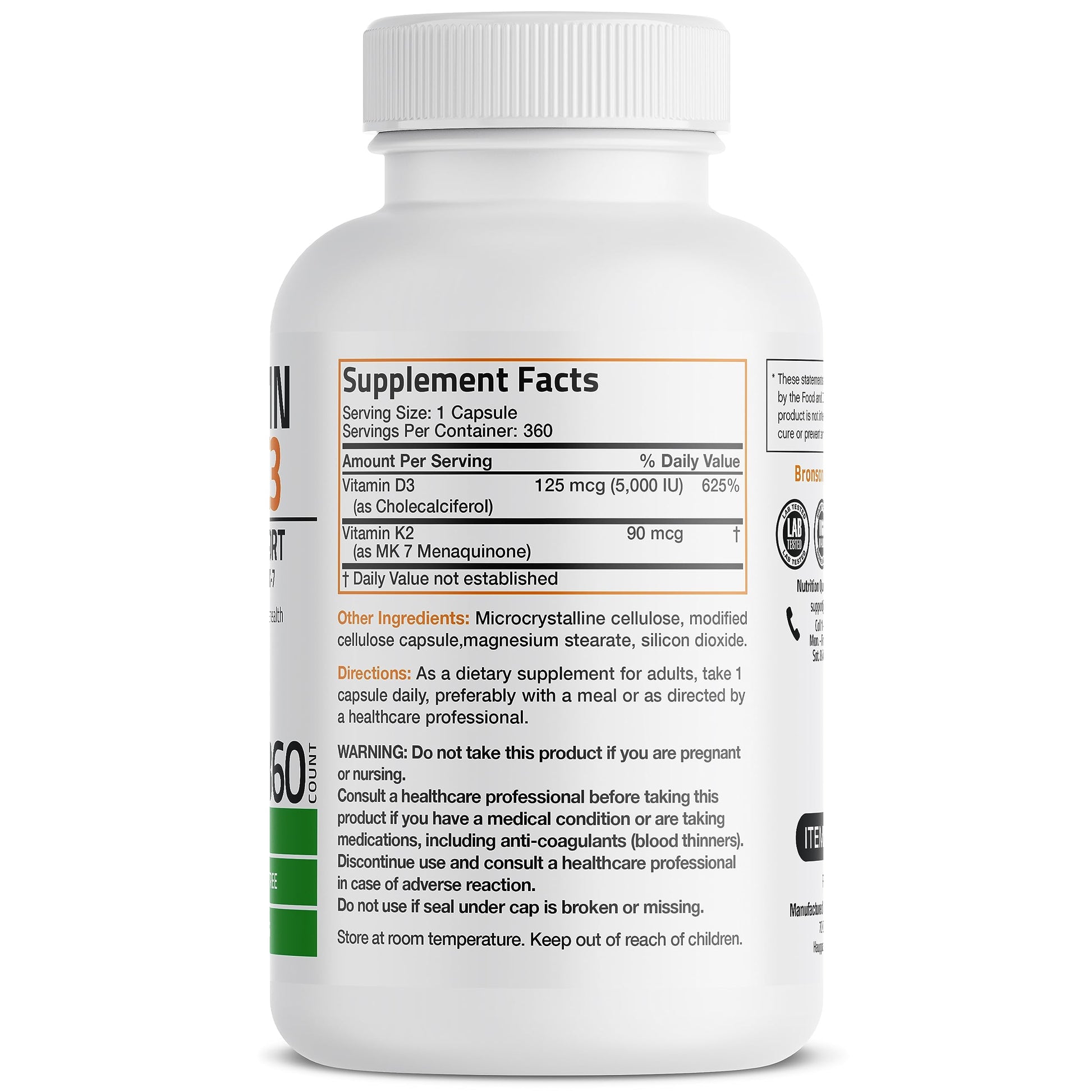 Bronson Vitamin K2 (MK7) with D3 Supplement Non-GMO Formula 5000 IU Vitamin D3 Bronson Au supplements
