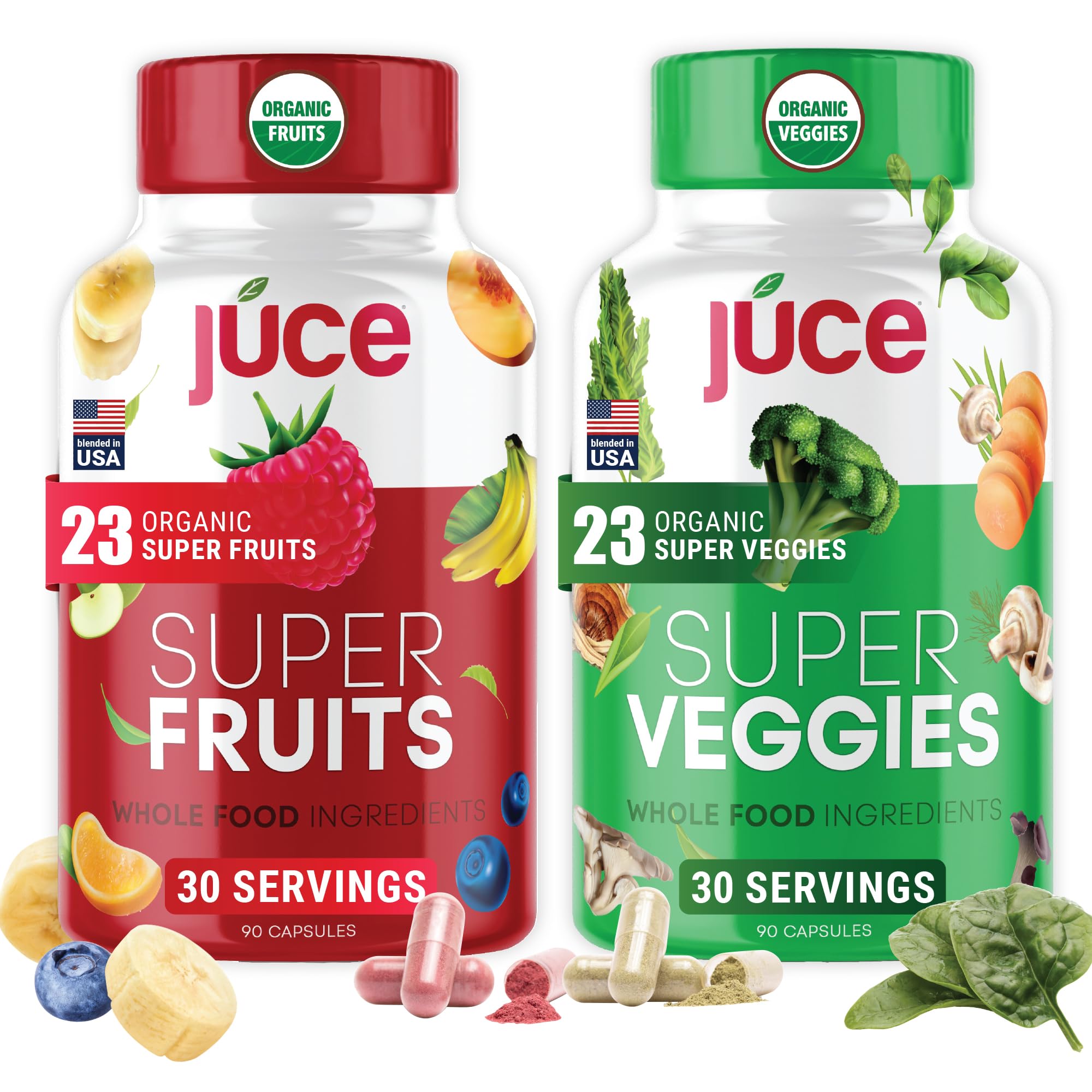 Juce Original Formula - Organic Super Fruit & Veggies Supplement - Gluten/Gelatin Free, Soy Free & Vegan- Reds & Greens Superfood Capsules- 23 Fruits & 23 Vegetables (180 Count)- By Terra Kai Organics Terra Kai Organics Au supplements
