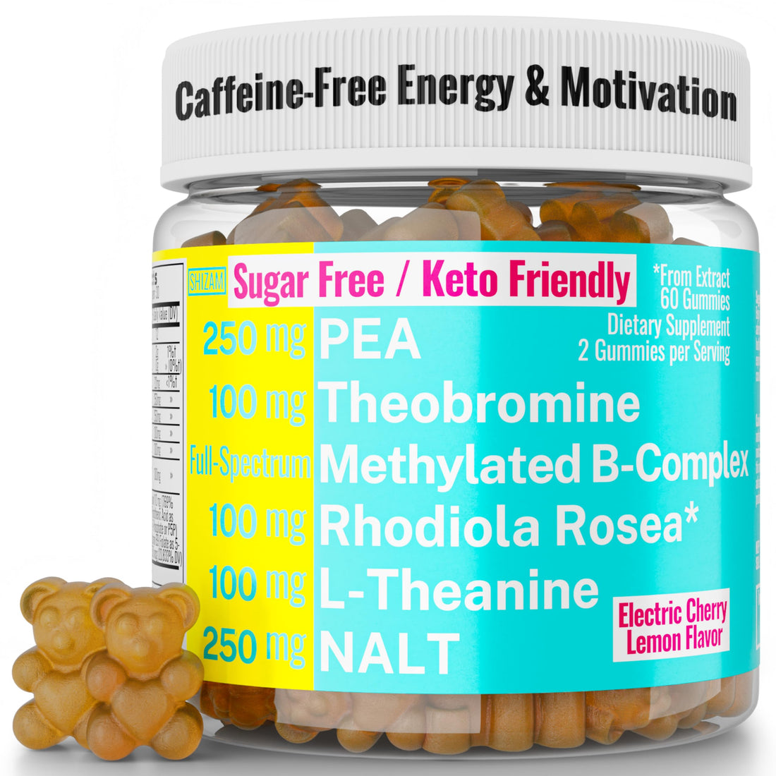 Rhodiola Rosea NALT N-Acetyl-L-Tyrosine Methylated Vitamin B Complex L-Theanine Gummies w P5P B6 5-MTHF B9 Folate Methyl B12 Methylcobalamin B3 Niacinamide, Supplement Powder Capsule Pill Supplements SHIZAM Au supplements