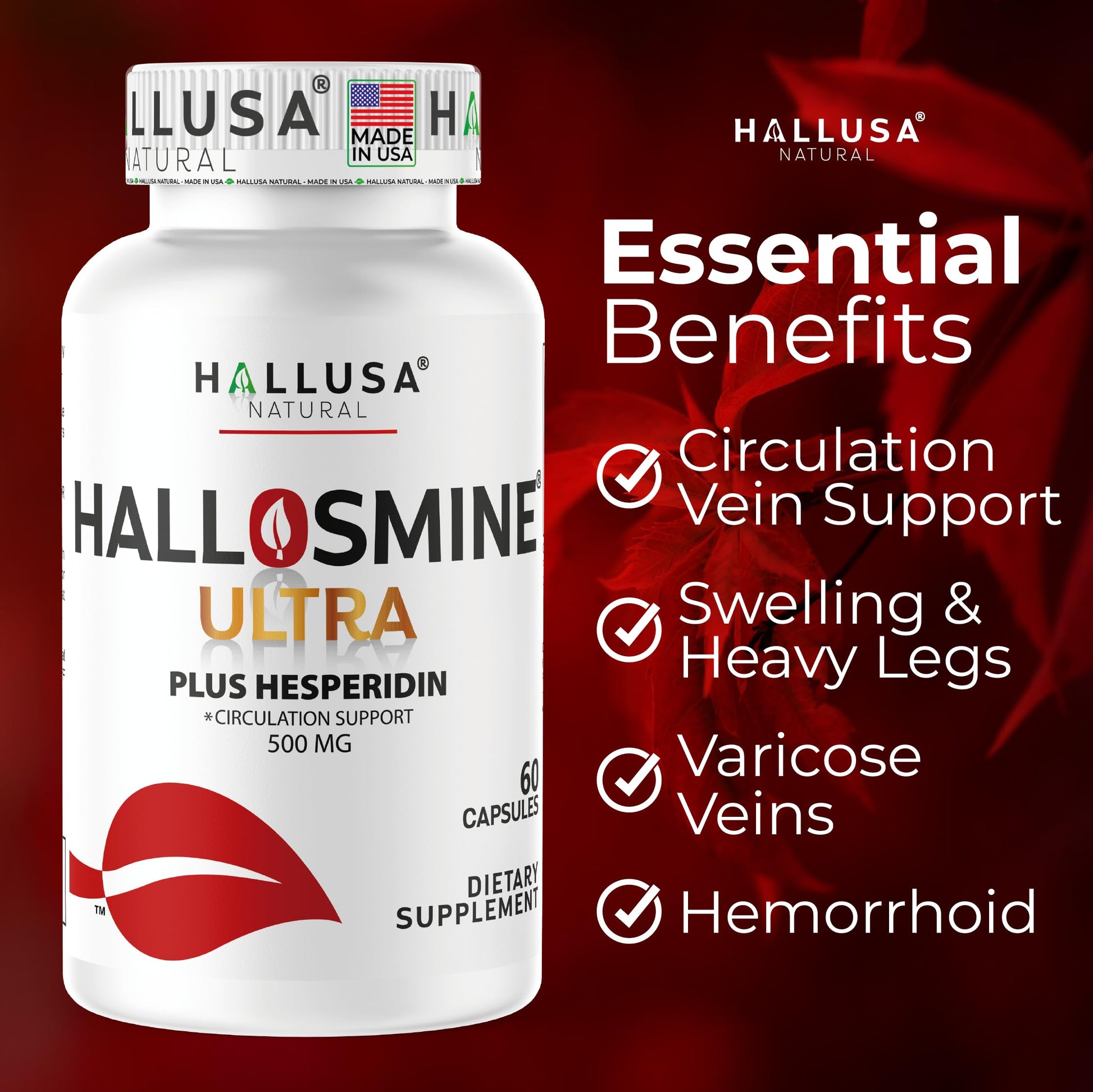 Hallosmine Ultra 650mg Diosmin Hesperidin, 60 Capsules + FREE Leg Cream with Diosmin, Hesperidin & Horse Chestnut, 4 oz | Blood Circulation & Vein Support Supplement, GMO Free, Gluten Free Hallusa Natural Au supplements