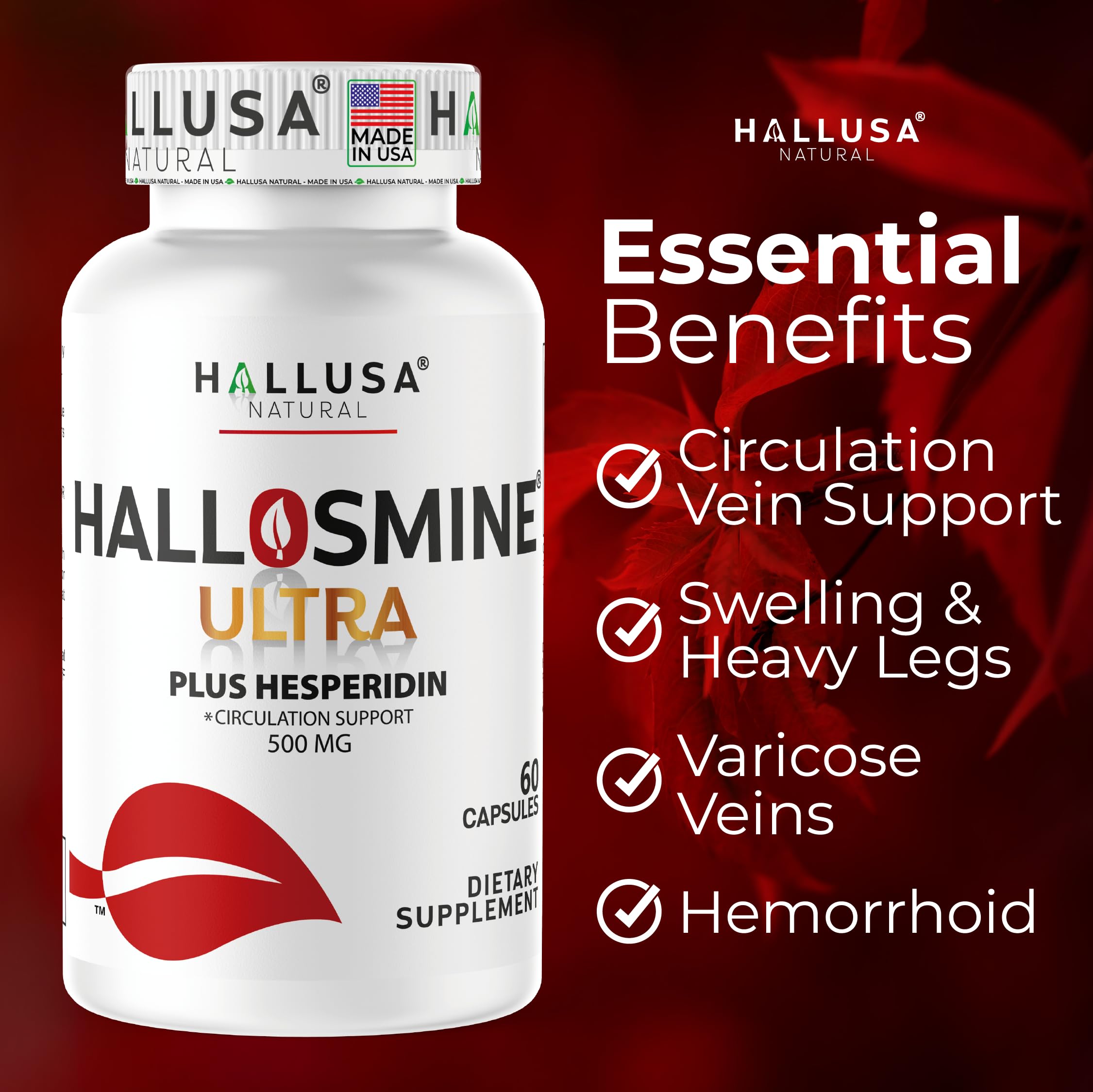 Hallusa Natural Hallosmine Ultra Diosmin 500mg & Hesperidin 150mg – Heavy Legs, Swelling & Vein - Blood Circulation Supplements, 60 Caps Hallusa Natural Au supplements