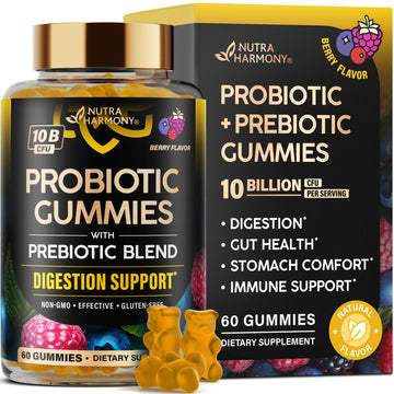 Probiotic Gummies 10B CFU with Prebiotic Fiber - Digestion & Immune Support - Debloat, Stomach & Gut Comfort - Probiotics for Women & Men - Natural Berry Flavor - Vegan & Sugar-free - 60 Gummies NUTRAHARMONY Au supplements