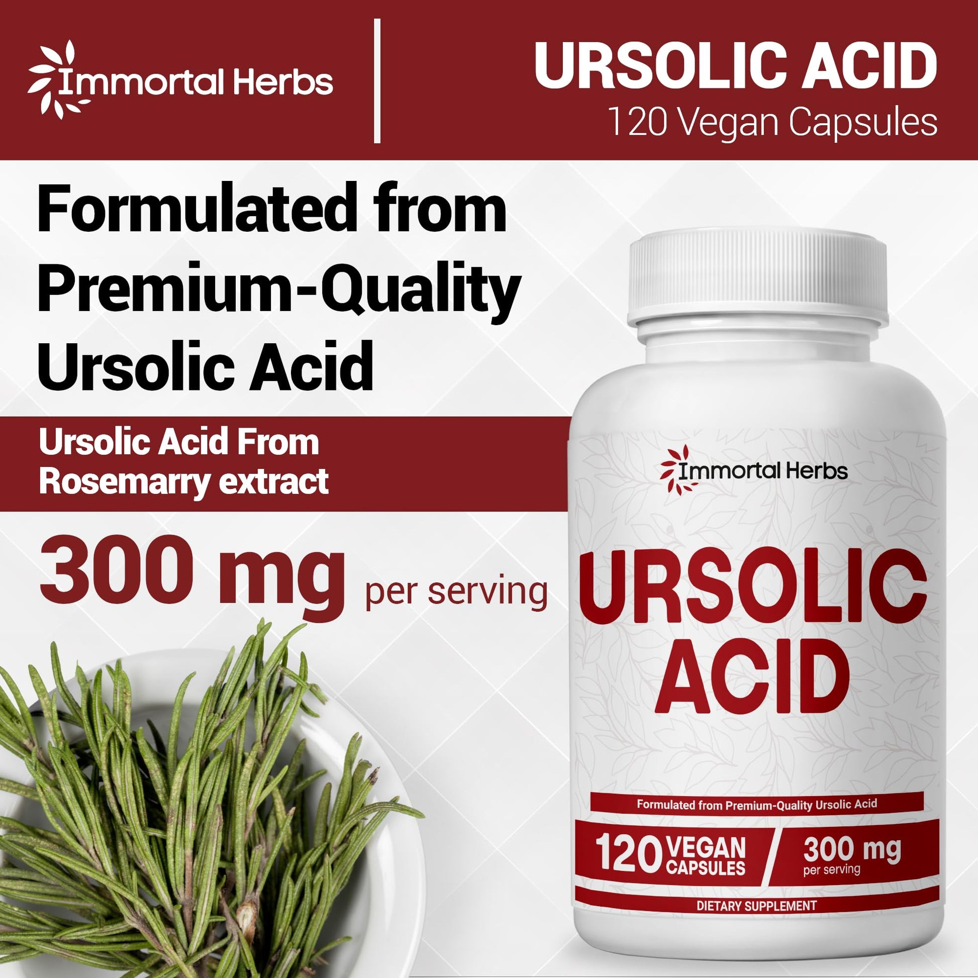 Immortal Herbs Pure Ursolic Acid Supplement 300mg, 120 Pills, Rosemary Leaf Extract Powder, Non-GMO and Gluten-Free Ursolic Acid Capsules for Women and Men Immortal Herbs Au supplements