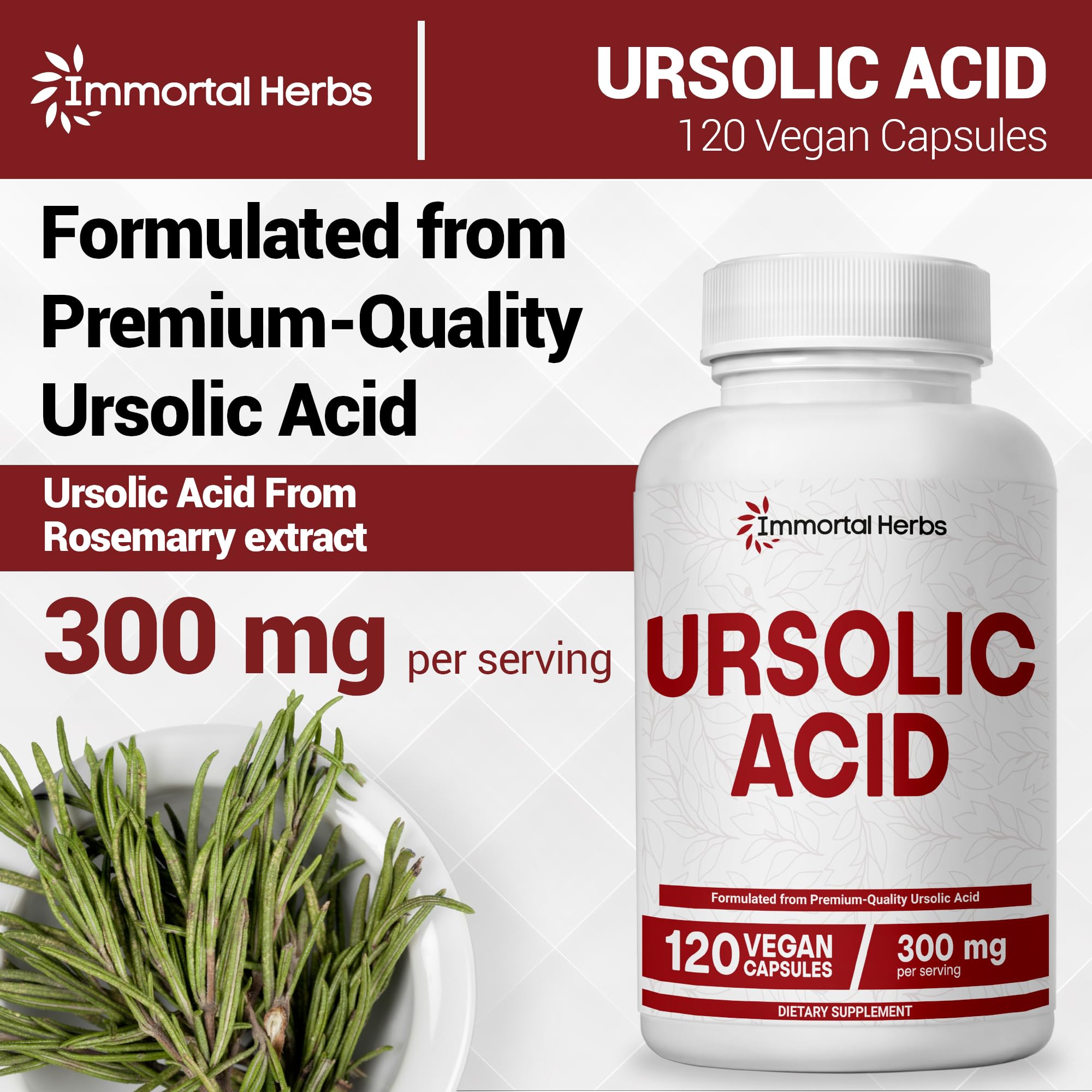 Immortal Herbs Pure Ursolic Acid Supplement 300mg, 120 Pills, Rosemary Leaf Extract Powder, Non-GMO and Gluten-Free Ursolic Acid Capsules for Women and Men Immortal Herbs Au supplements