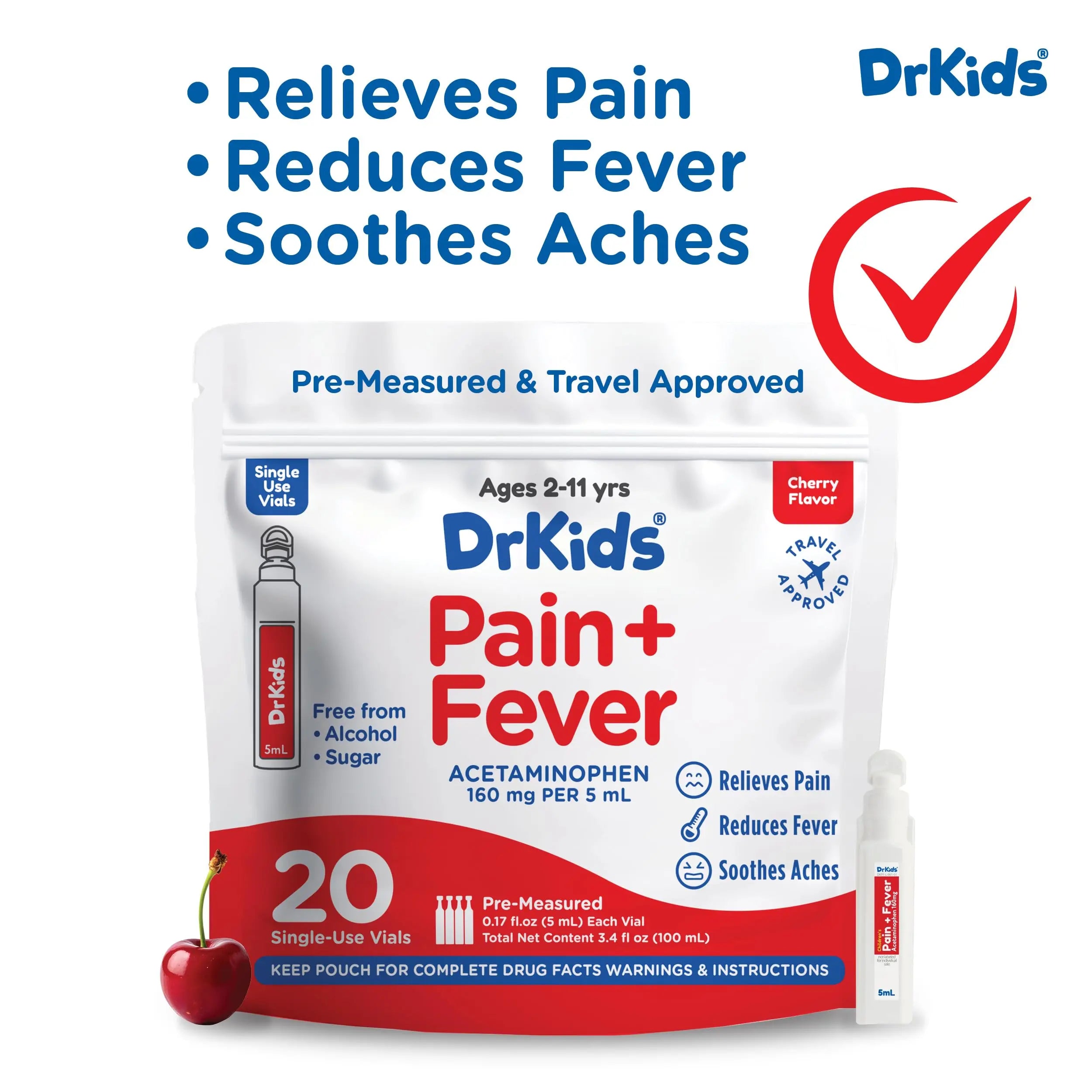 Dr. Kids Children’s Pain and Fever Medicine - Acetaminophen for Kids Ages 2-11, Pre-Measured Single-Use Vials for Headache, Sore Throat, Cold and Flu, Cherry Flavor, 20 Count Dr. Kids Au supplements
