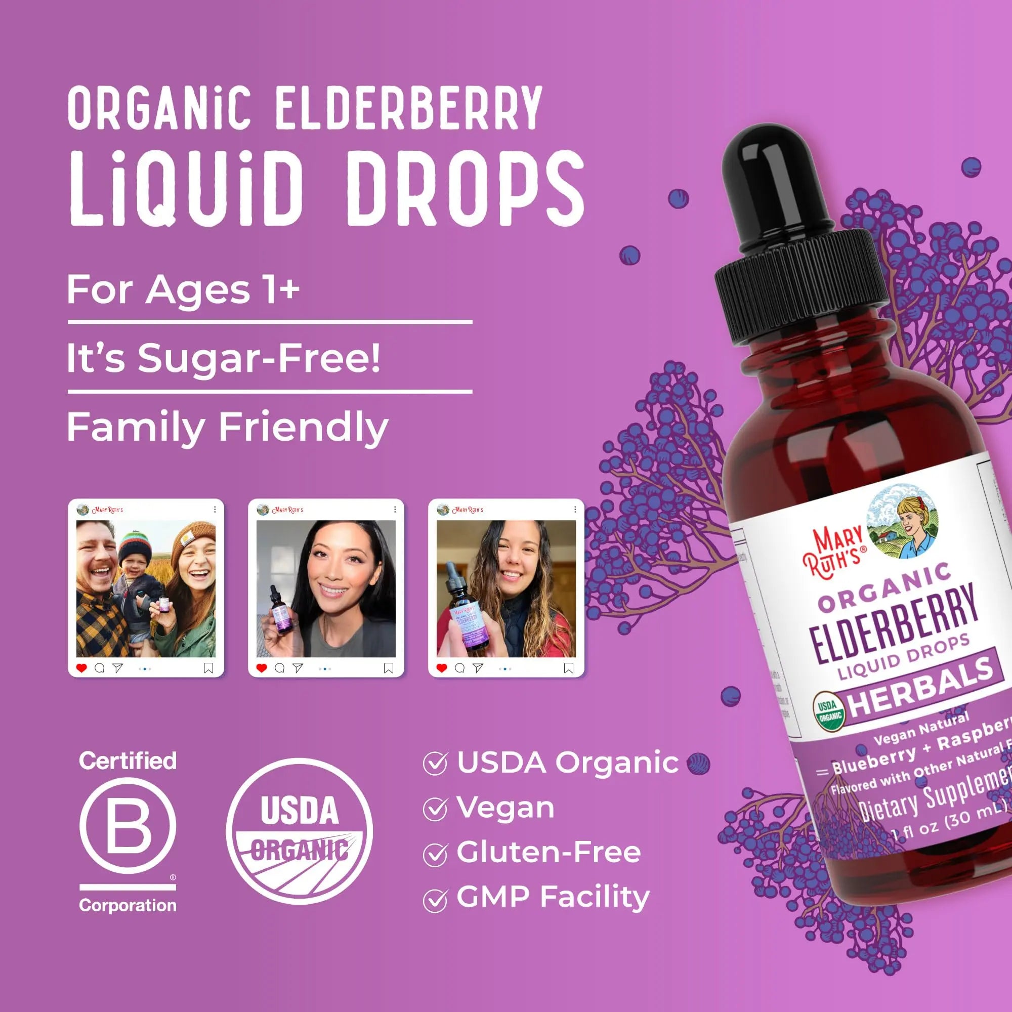 MARYRUTH'S Elderberry Liquid Drops for Adults & Kids | Immune Support | Antioxidant | Overall Wellness | Elder Berry Extract | USDA Organic | Sugar Free | Vegan | Non-GMO | Gluten Free | 1 Fl Oz MARYRUTH'S Au supplements