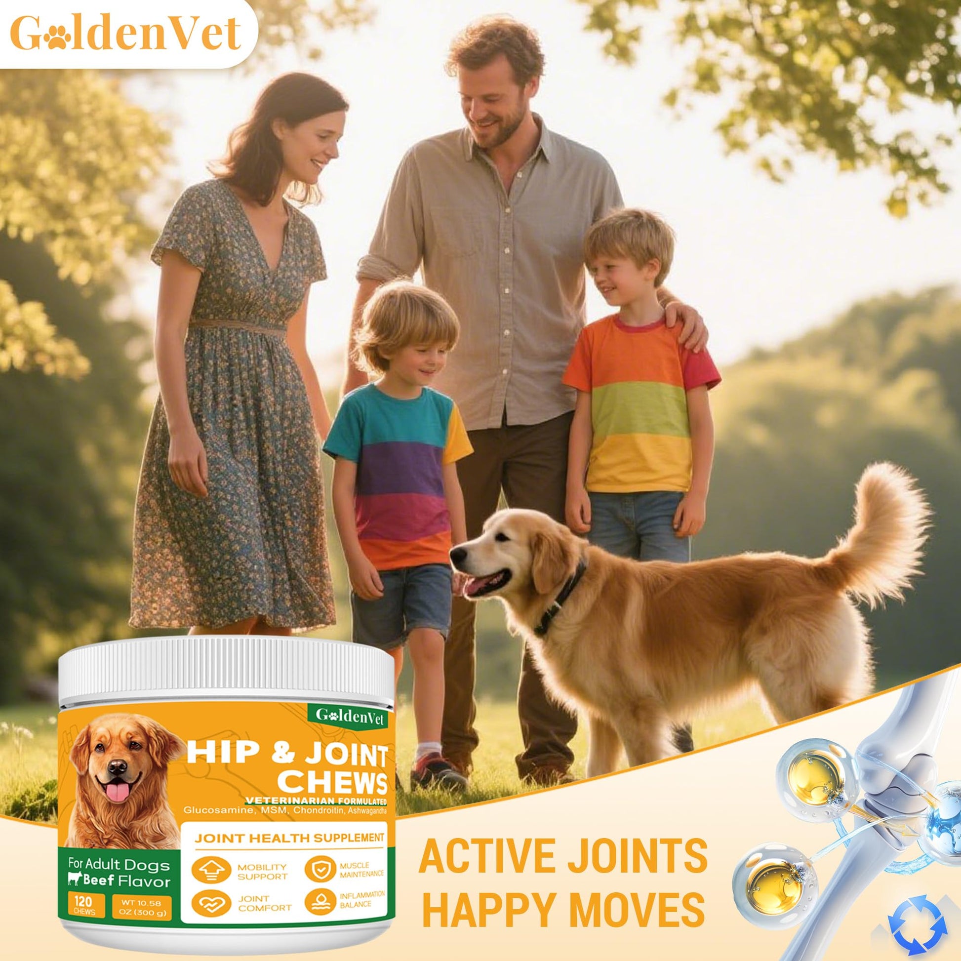 Hip and Joint Chews for Senior Dogs with Glucosamine HCL, Chondroitin, Green-lipped Mussel, Ashwagandha for Anti Inflammatory, Mobility Support, Muscle Maintenance, Joint Comfort 120 Ct GOLDENVET Au supplements
