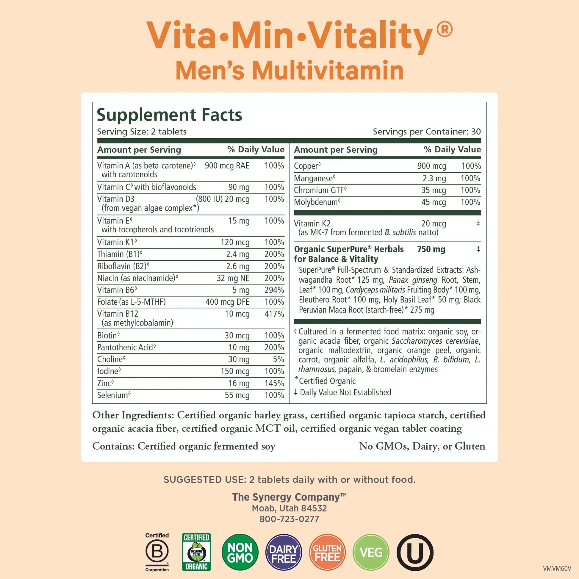 PURE SYNERGY Vita·Min·Vitality | Natural Multivitamin for Men | Men’s Daily Multivitamin Made with Organic Whole Foods | for Energy, Stress, and Immune Support (60 Tablets) PURE SYNERGY Au supplements