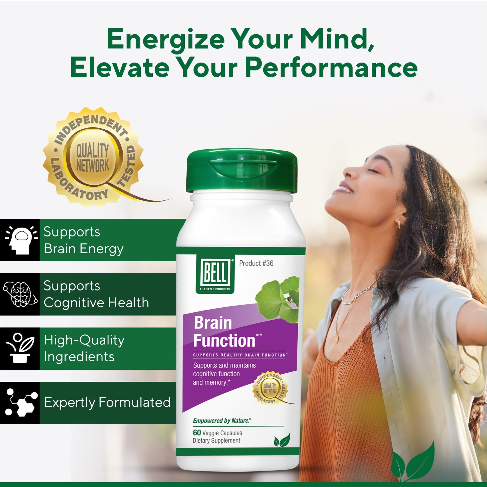 Bell Brain Function Lifestyle, Supports Cognitive Health with Ginkgo, Vitamin B12, Folate - 60 Vegetarian Capsules Bell Au supplements
