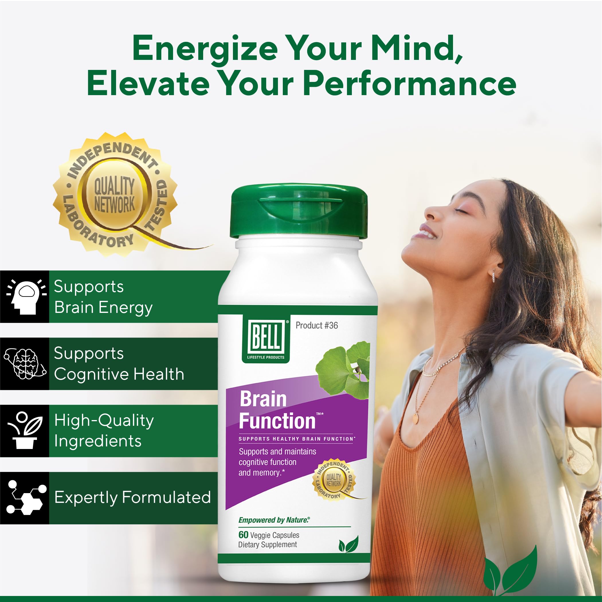Bell Brain Function Lifestyle, Supports Cognitive Health with Ginkgo, Vitamin B12, Folate - 60 Vegetarian Capsules Bell Au supplements
