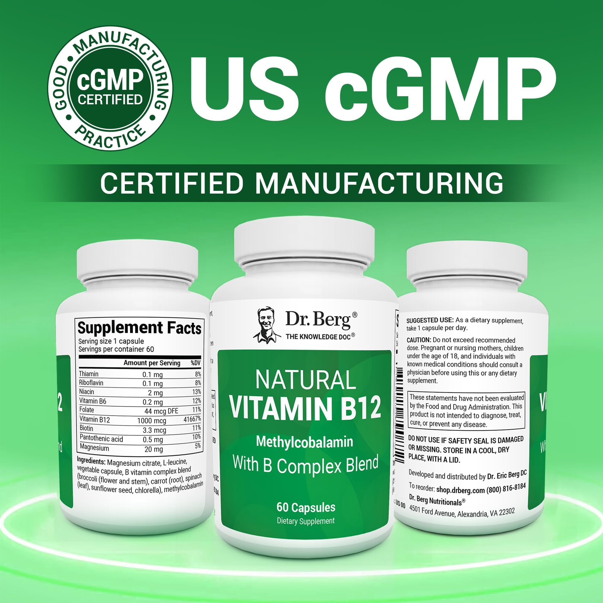 Dr. Berg Natural Vitamin B12 1000 mcg with B Complex Blend - Methylcobalamin B12 for Energy, Nerve Health, and Cognitive Function* - Methylated B12 with Folate - 60 Capsules (2-Month Supply) Dr. Berg Nutritionals Au supplements