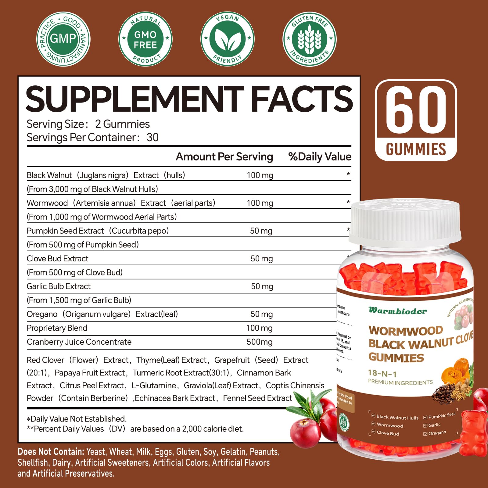 18-in-1 Wormwood Black Walnut Clove Gummies for Adults,Liver Support,with Pumpkin Seed Oil,Rapid Gut Cleanse & Digestive Health with Clove,Garlic,Turmeric,Oregano,Cranberry Extract Warmbioder Au supplements