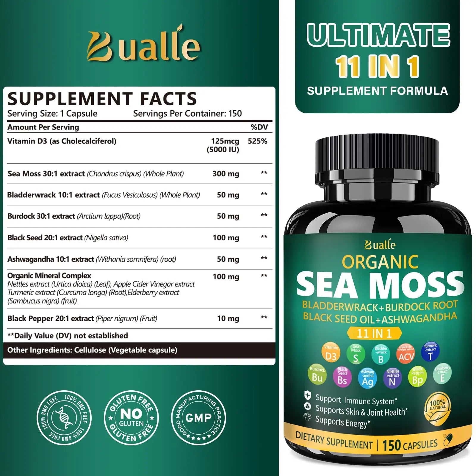 Bualle Irish Sea Moss Capsules – Organic Sea Moss, Black Seed Oil, Ashwagandha Supplements with Bladderwrack, Ginger & Burdock Root – Supports Daily Wellness, Skin & Energy – 150 Count (1 Pack) Bualle Au supplements