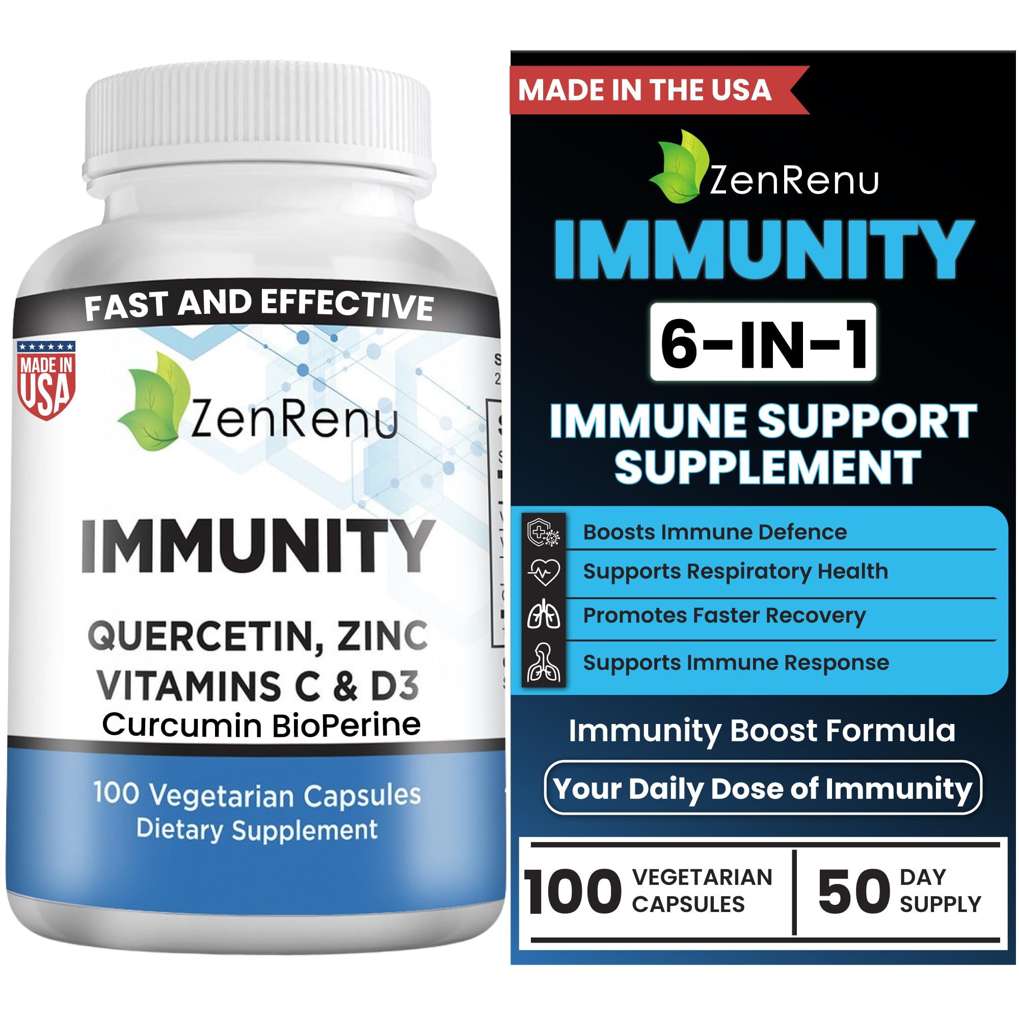 Zenrenu Immunity Quercetin 700 mg Zinc Vitamin C Vitamin D Immune Support Supplement with Curcumin - Easy to Absorb Immunity Supplement, 100 Vegetarian Capsules 50 Day Supply Zenrenu Au supplements