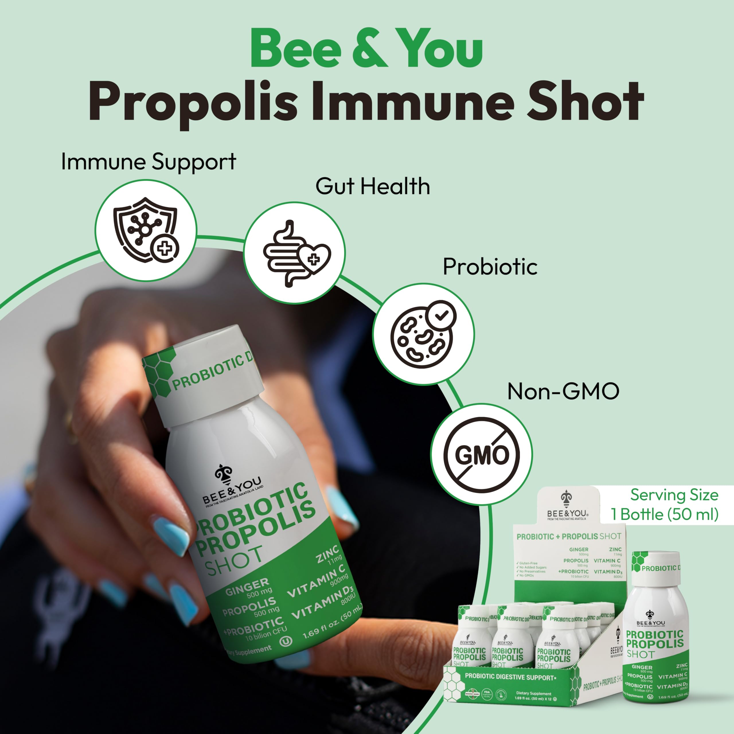 Bee and You Propolis Immune Shot, Probiotic, Vitamin C, Vitamin D3, Zinc, Ginger, Immune Support, Gut Health, Digestive Health, Bioactive 1.69 Fl. oz, 12 Pack BEE & YOU Au supplements