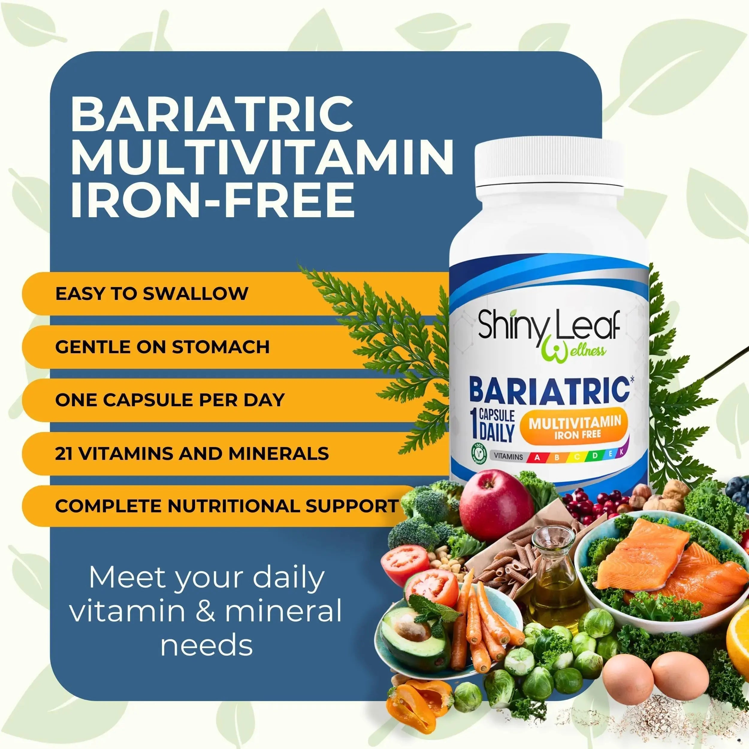 Bariatric Multivitamin Iron-Free One Capsule Per Day and CoQ10 100mg Supplement for Brain Health and Energy Management for Women and Men - 1 Month Supply Shiny Leaf Au supplements